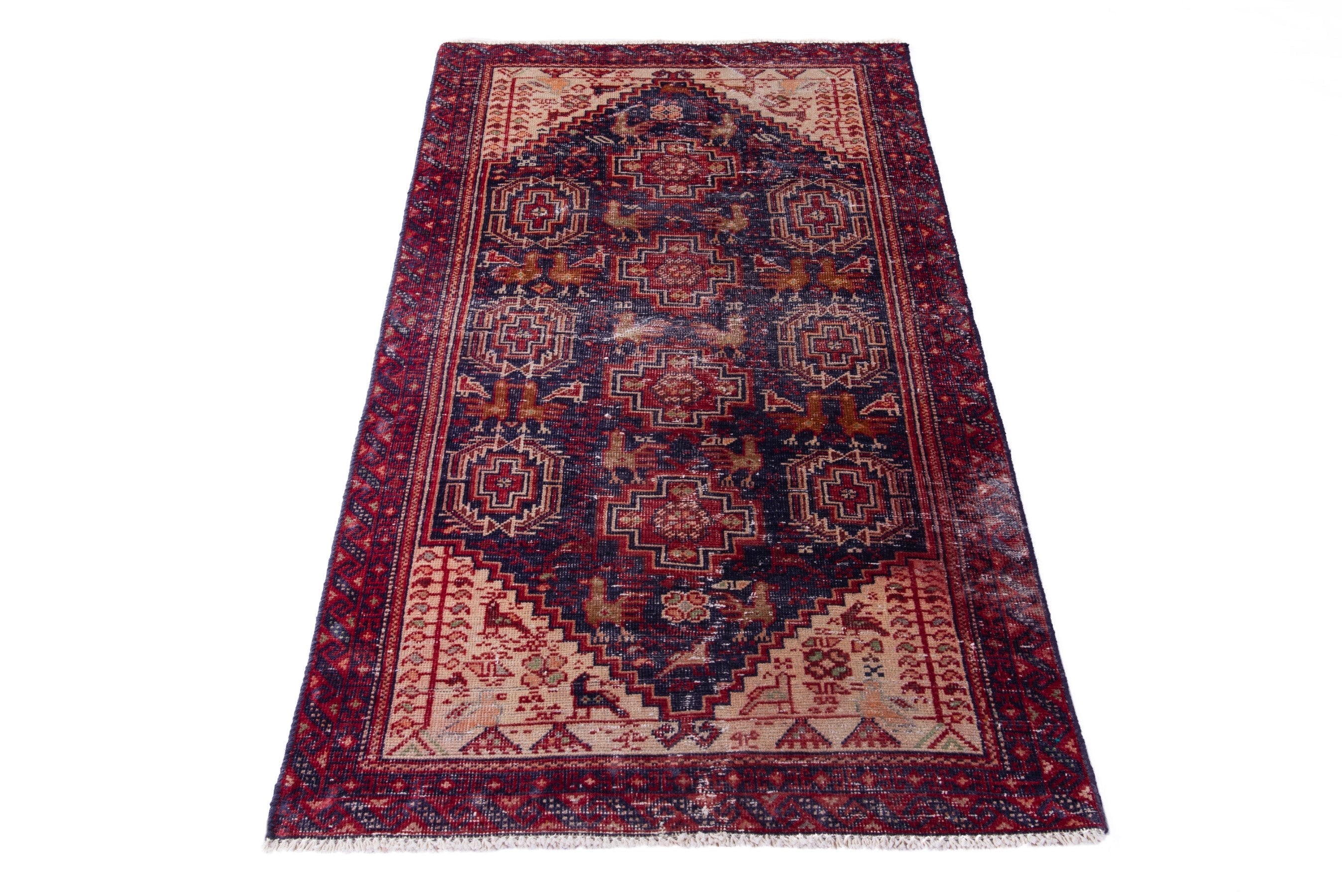 Persian Baluch accent rug in burgundy and navy, view 3 of 15