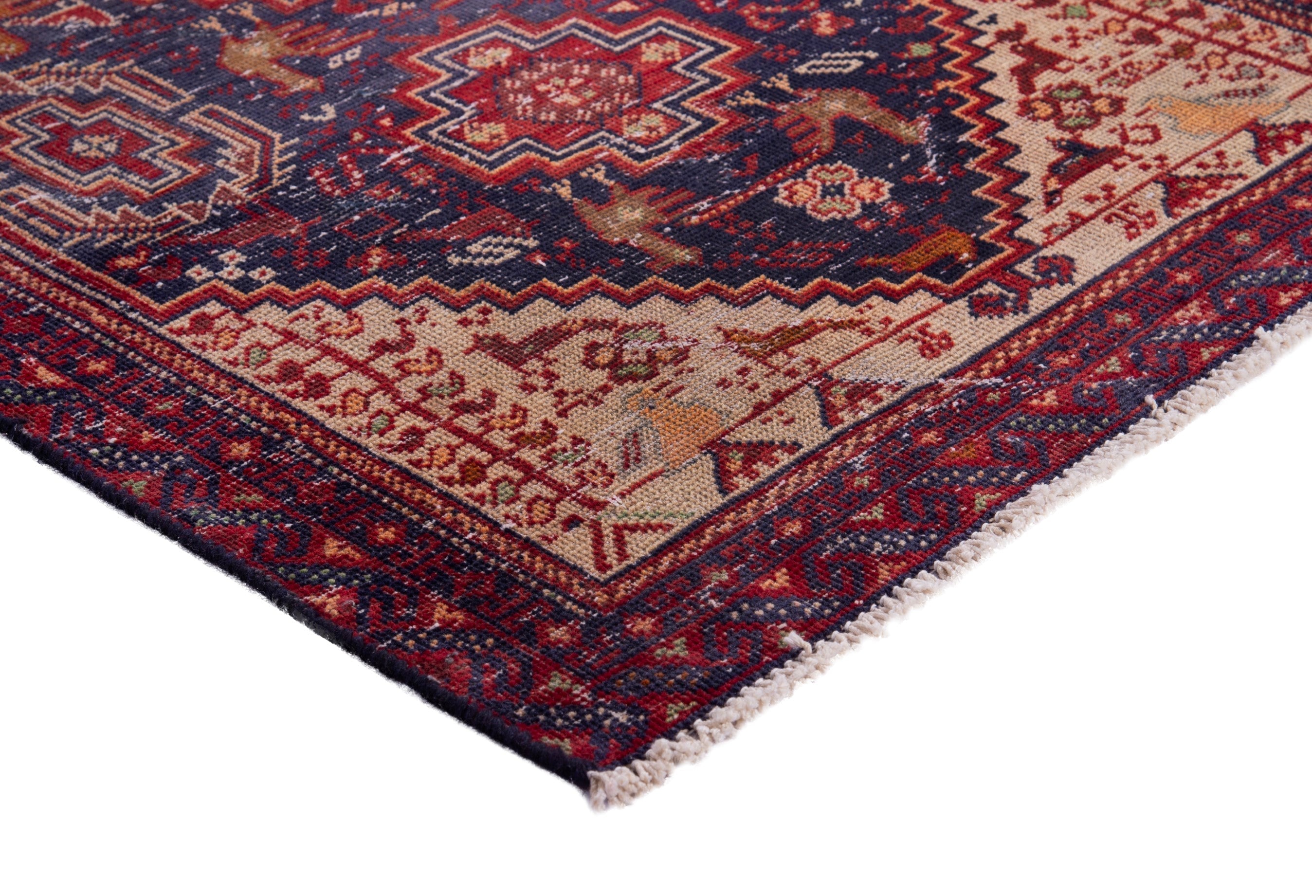 Persian Baluch accent rug in burgundy and navy, view 4 of 15