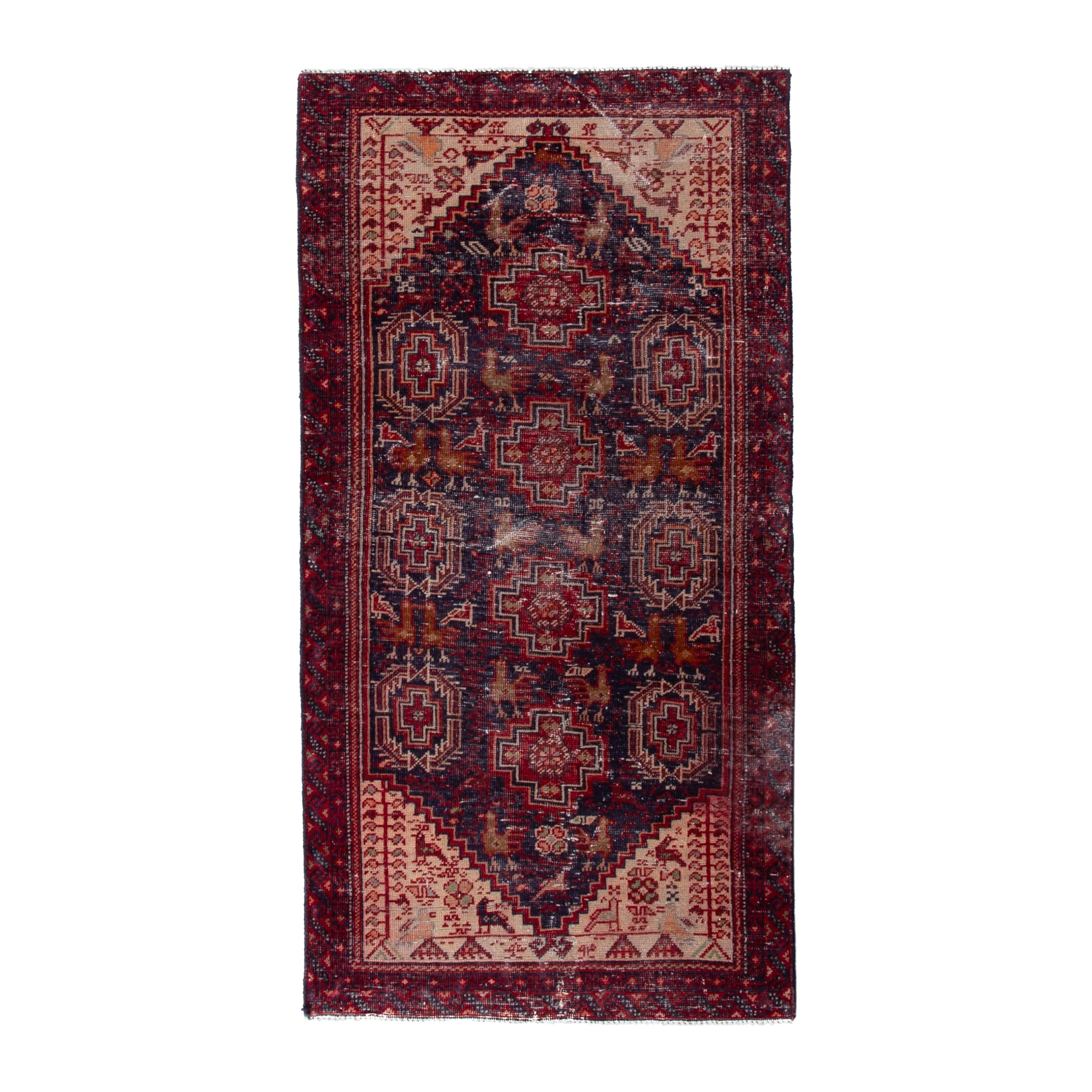 Persian Baluch accent rug in burgundy and navy, 2'7" x 5'5"
