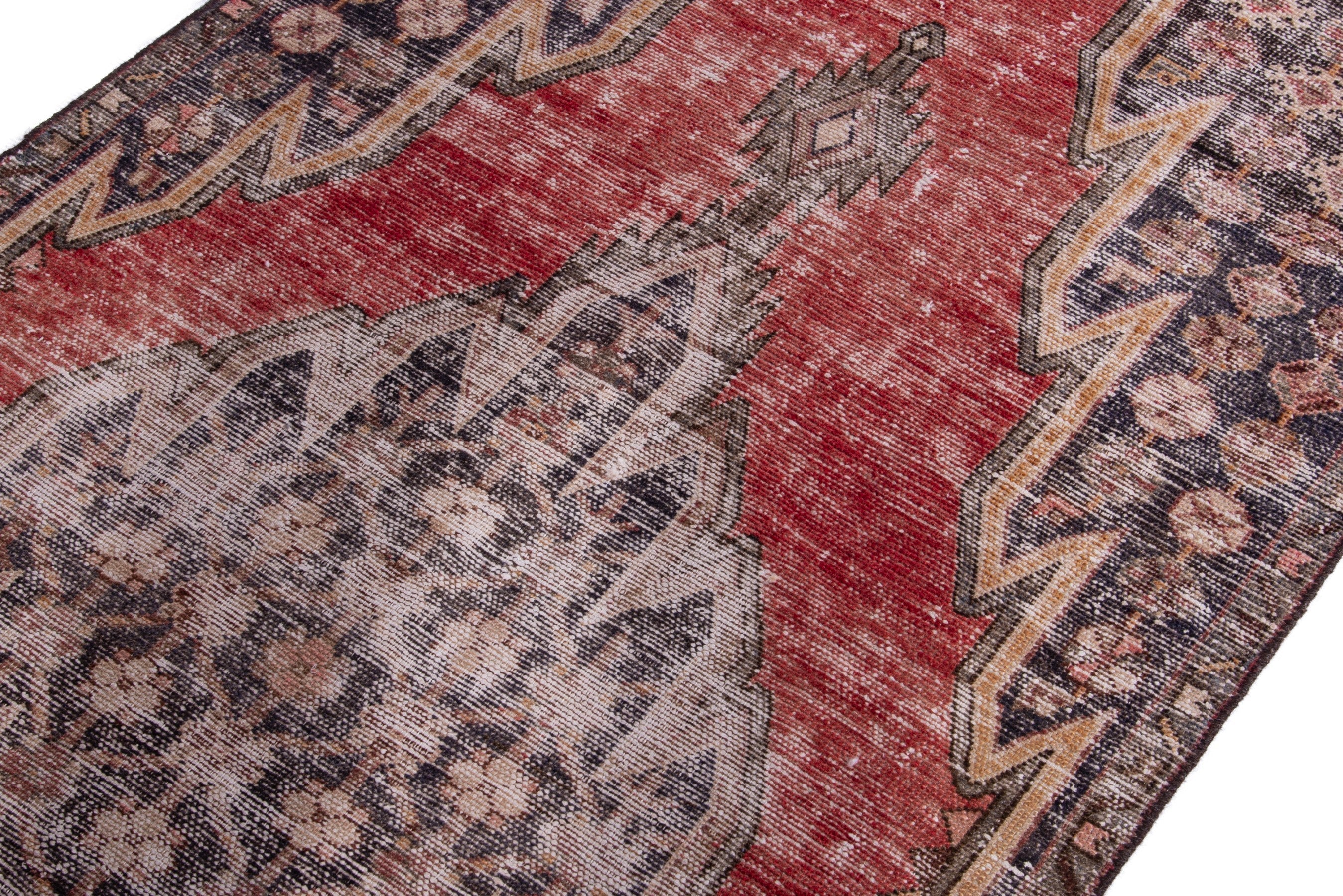 Persian Saveh accent rug in deep red and stone, view 4 of 17