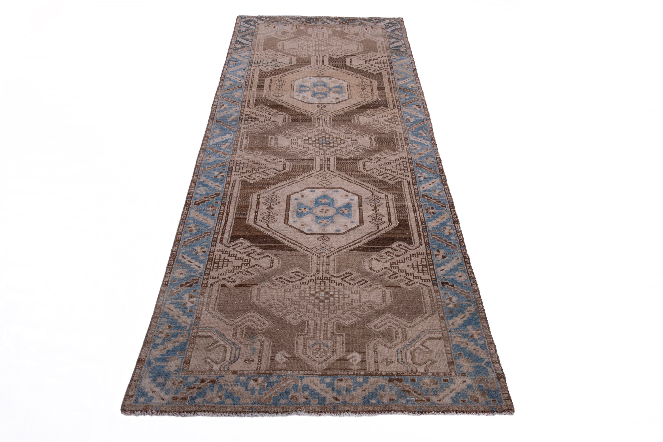 Persian Saveh runner rug in taupe and dusty blue, view 2 of 21