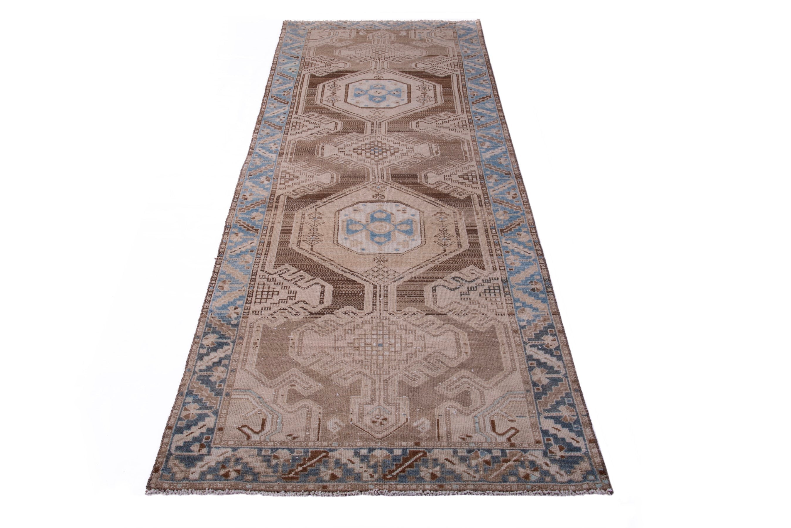 Persian Saveh runner rug in taupe and dusty blue, view 3 of 21