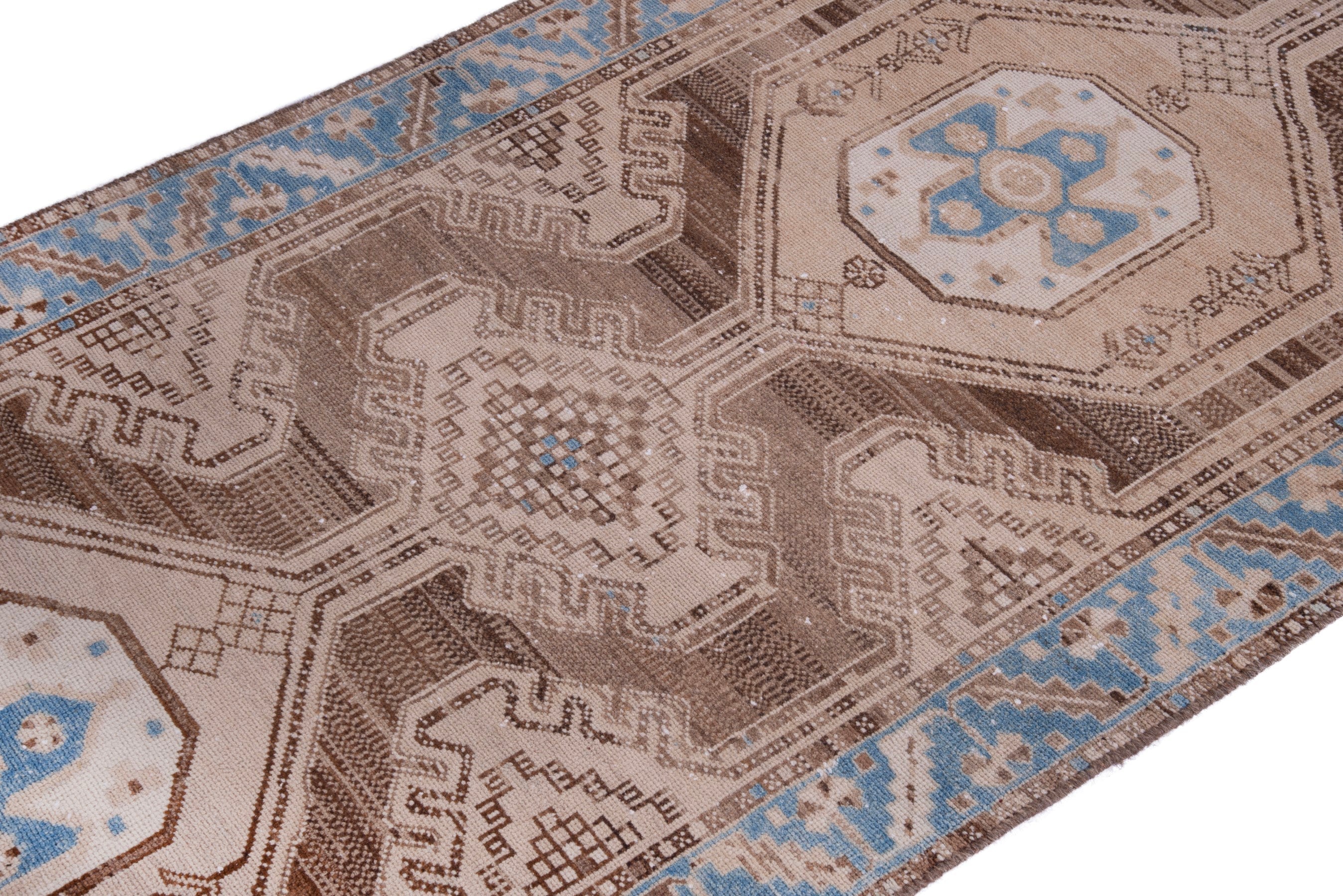 Persian Saveh runner rug in taupe and dusty blue, view 6 of 21