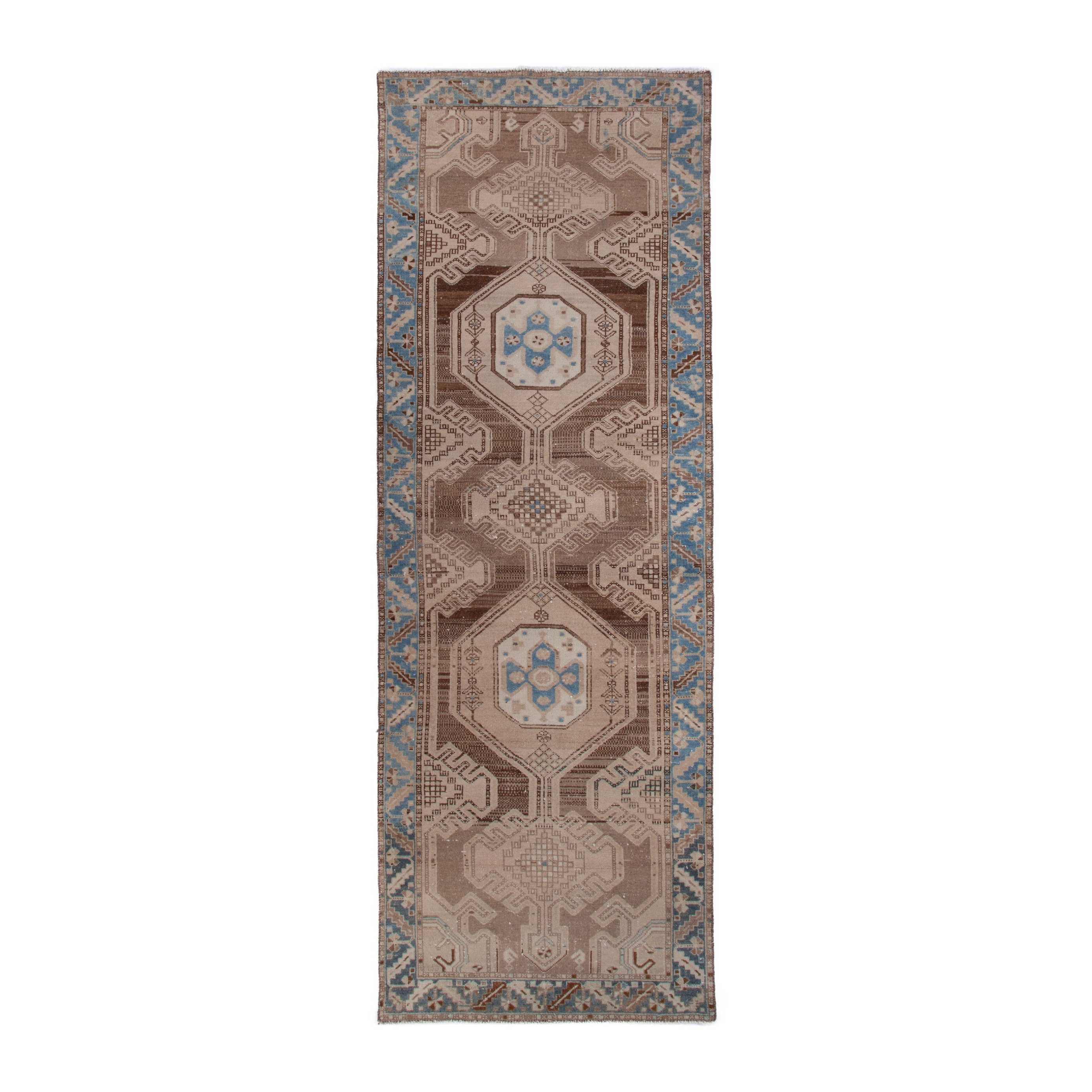 Persian Saveh runner rug in taupe and dusty blue, 3'3" x 9'9"
