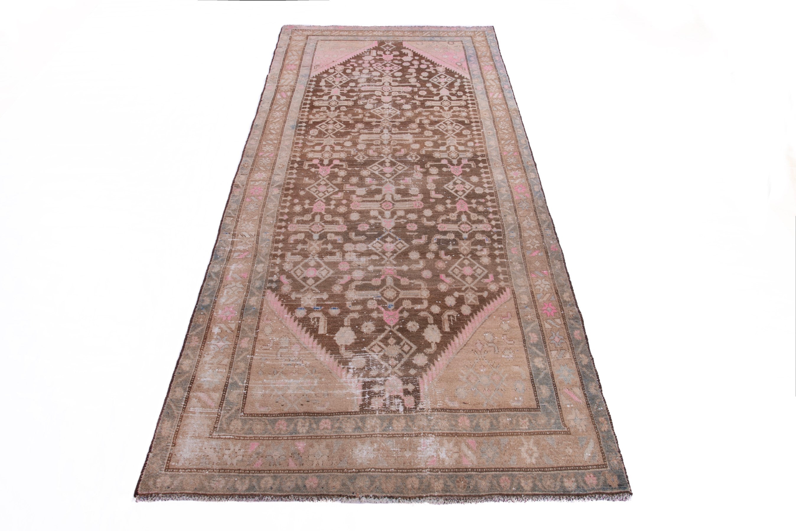 Persian Hamedan runner rug in burgundy and muted pink, view 2 of 17