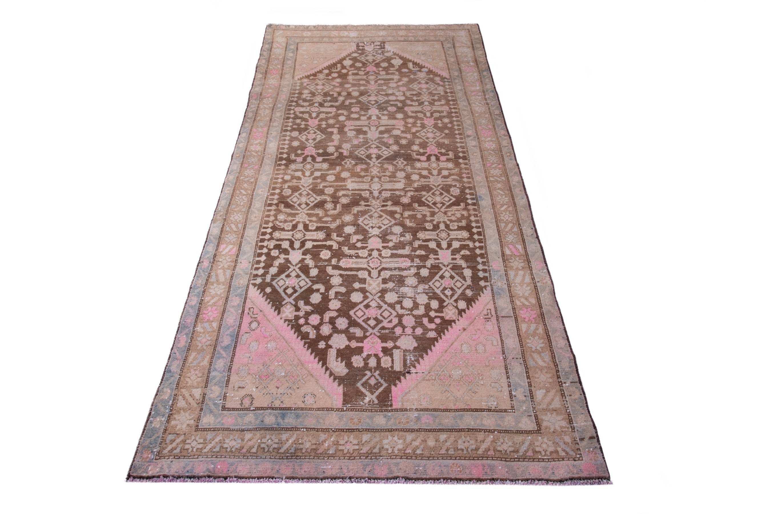 Persian Hamedan runner rug in burgundy and muted pink, view 3 of 17