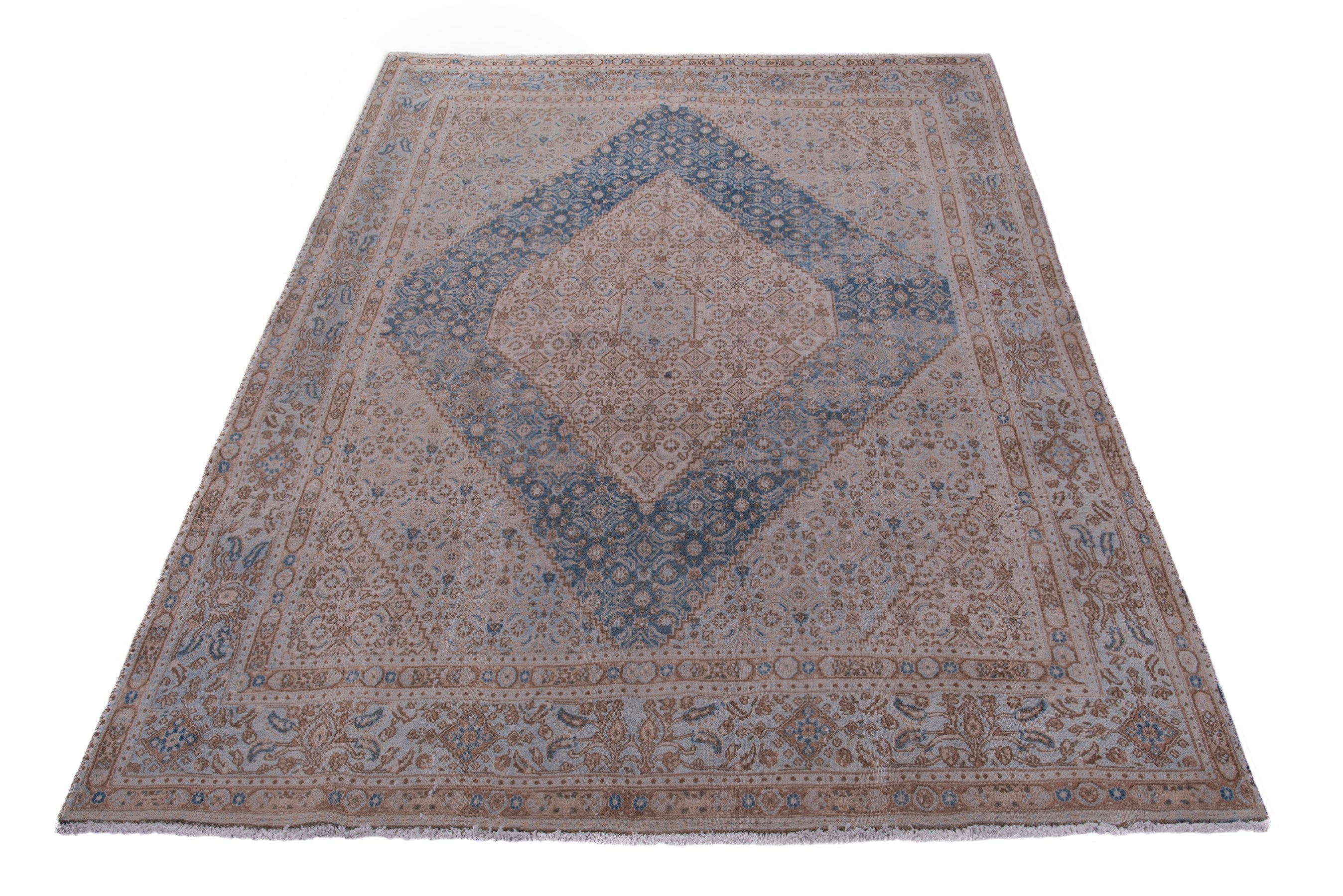 Persian Birjand area rug in beige and denim, view 3 of 23