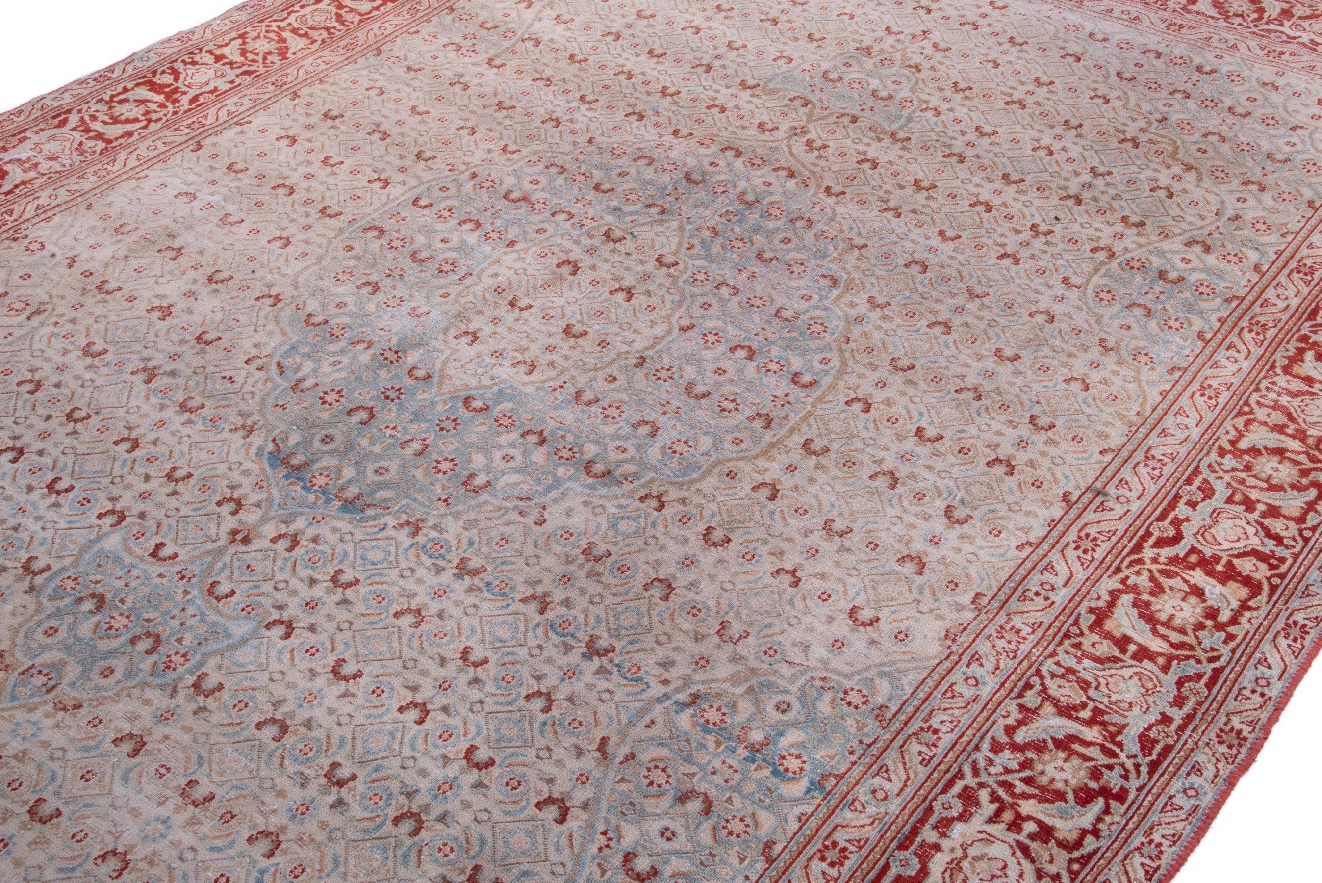 Persian Birjand area rug in dusty blue and rust, view 6 of 19