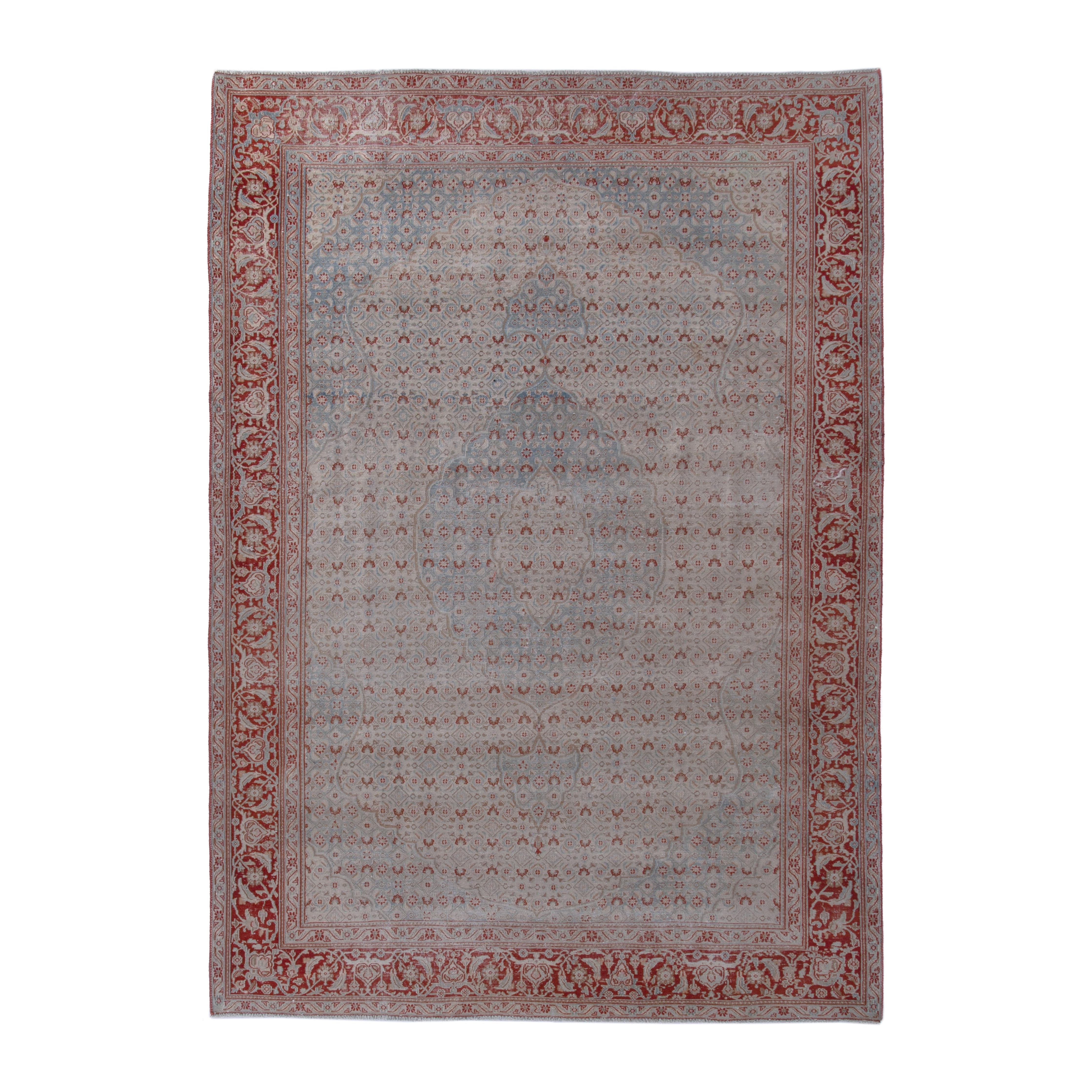 Persian Birjand area rug in dusty blue and rust, 6'5" x 8'10"