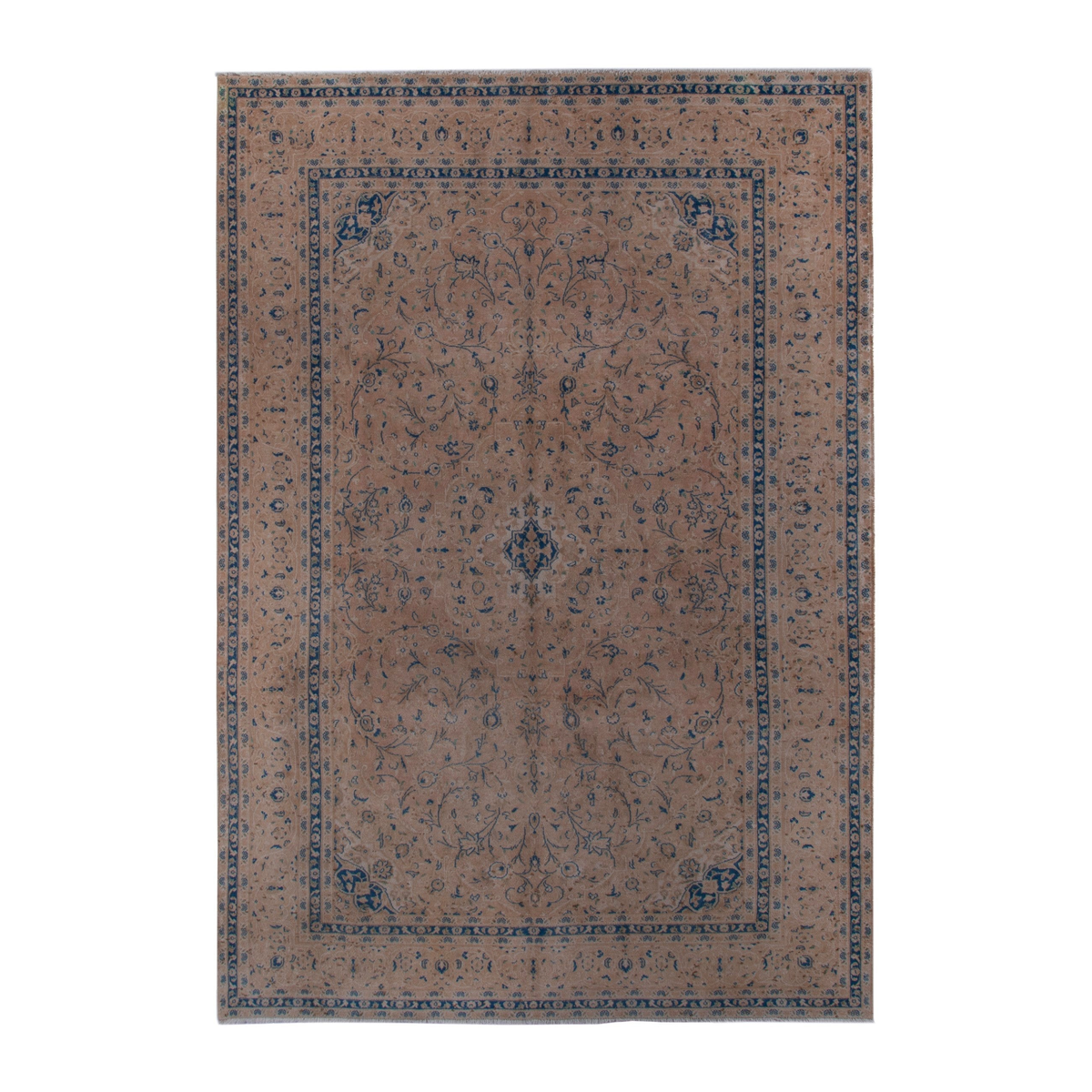 Persian Kashan oversized rug in terracotta and denim, 7'10" x 11'8"