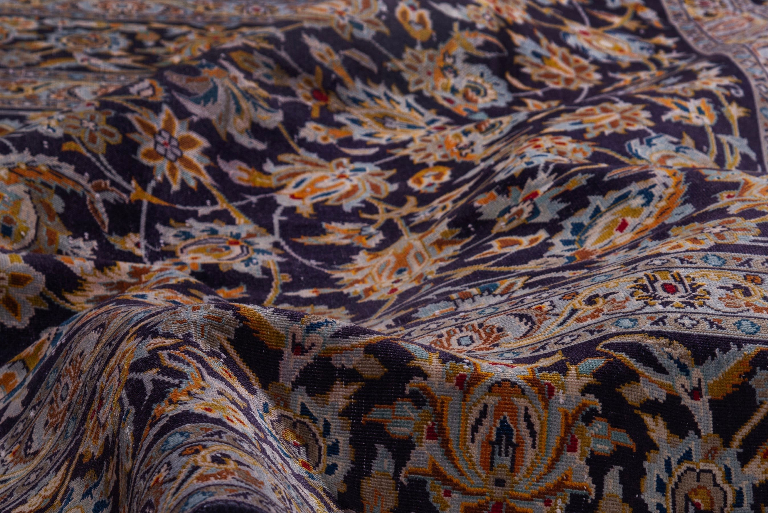 Persian Kashan oversized rug in navy and gold, view 17 of 20