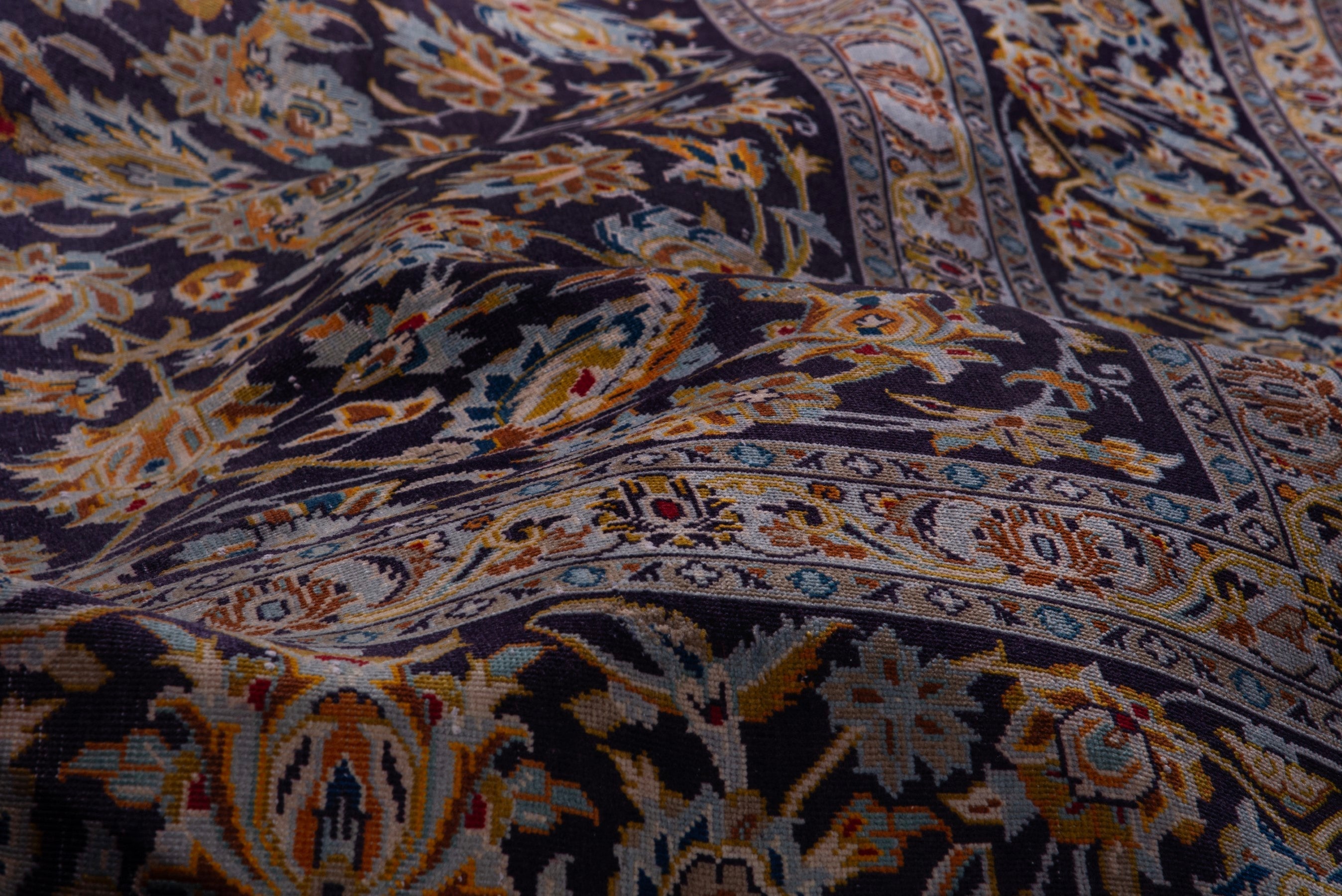 Persian Kashan oversized rug in navy and gold, view 18 of 20