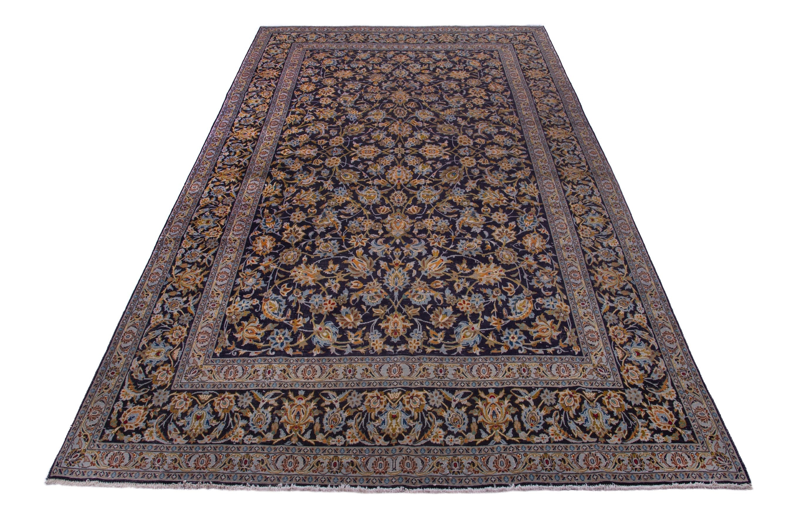 Persian Kashan oversized rug in navy and gold, view 2 of 20