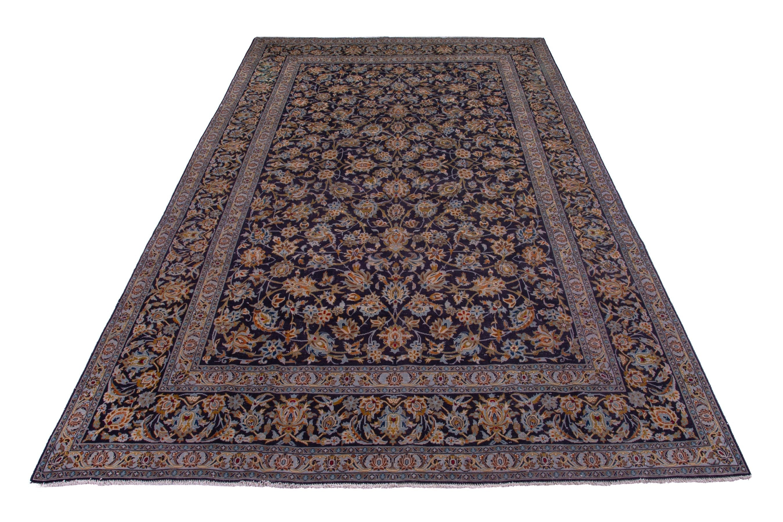 Persian Kashan oversized rug in navy and gold, view 3 of 20