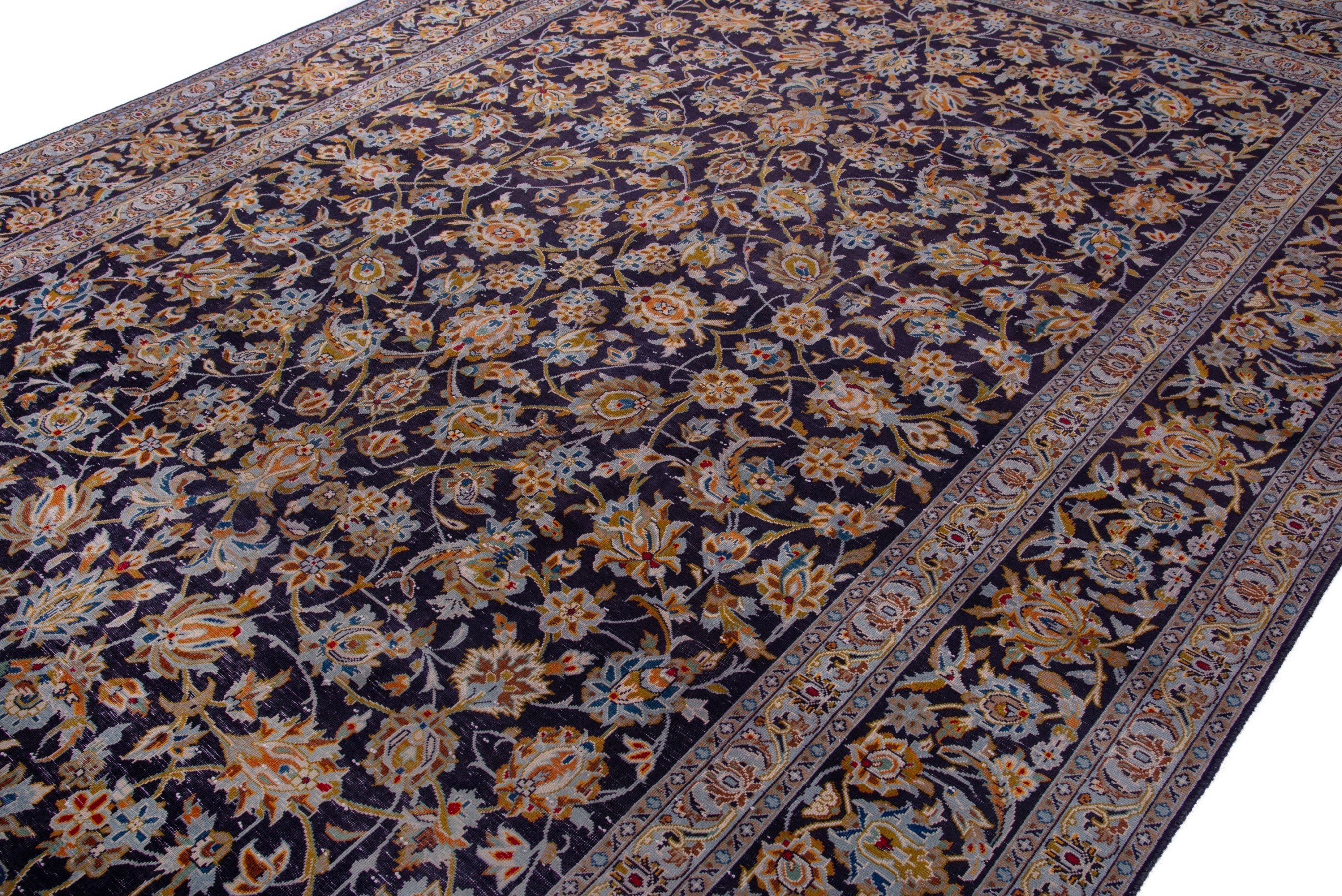 Persian Kashan oversized rug in navy and gold, view 6 of 20