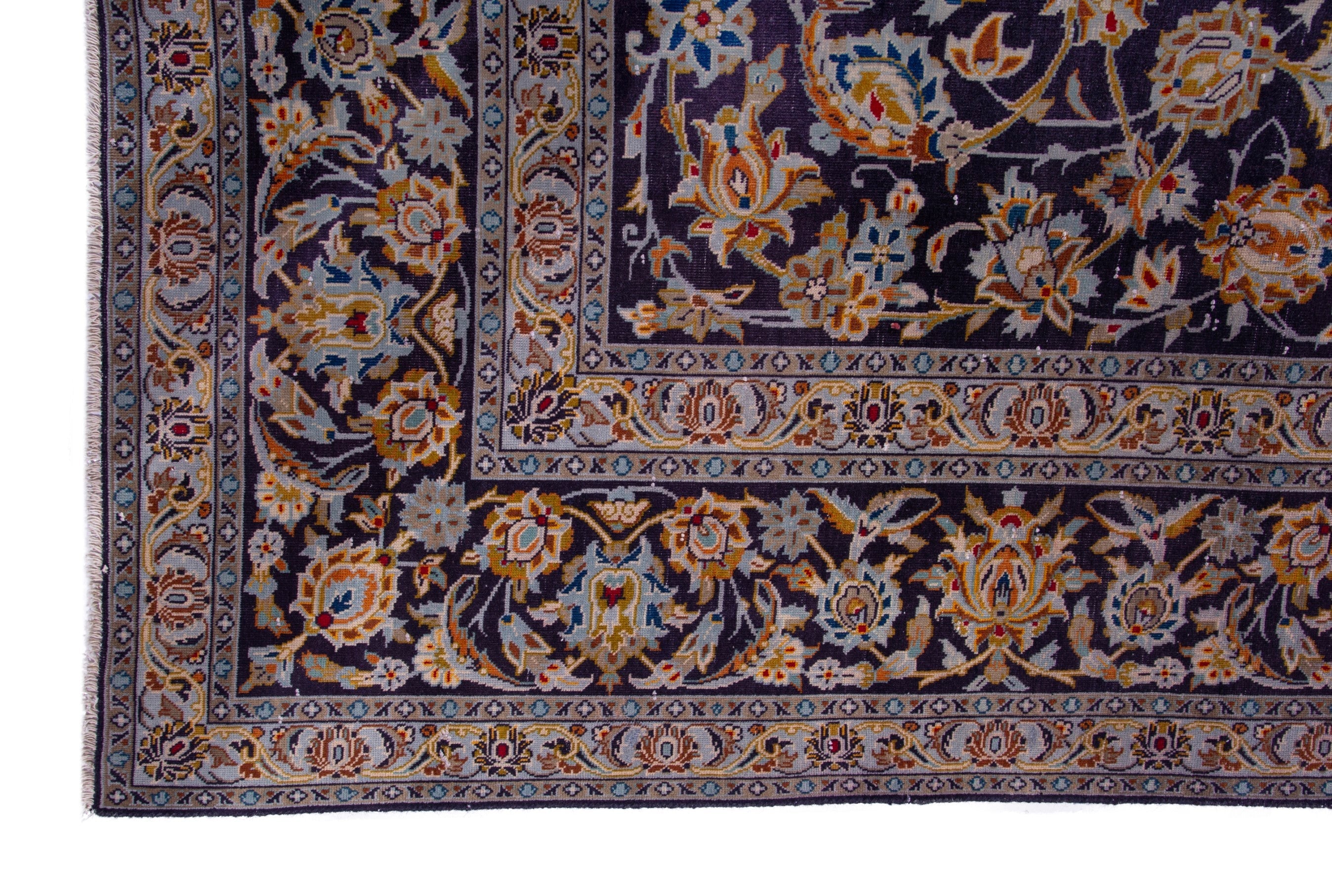 Persian Kashan oversized rug in navy and gold, view 5 of 20