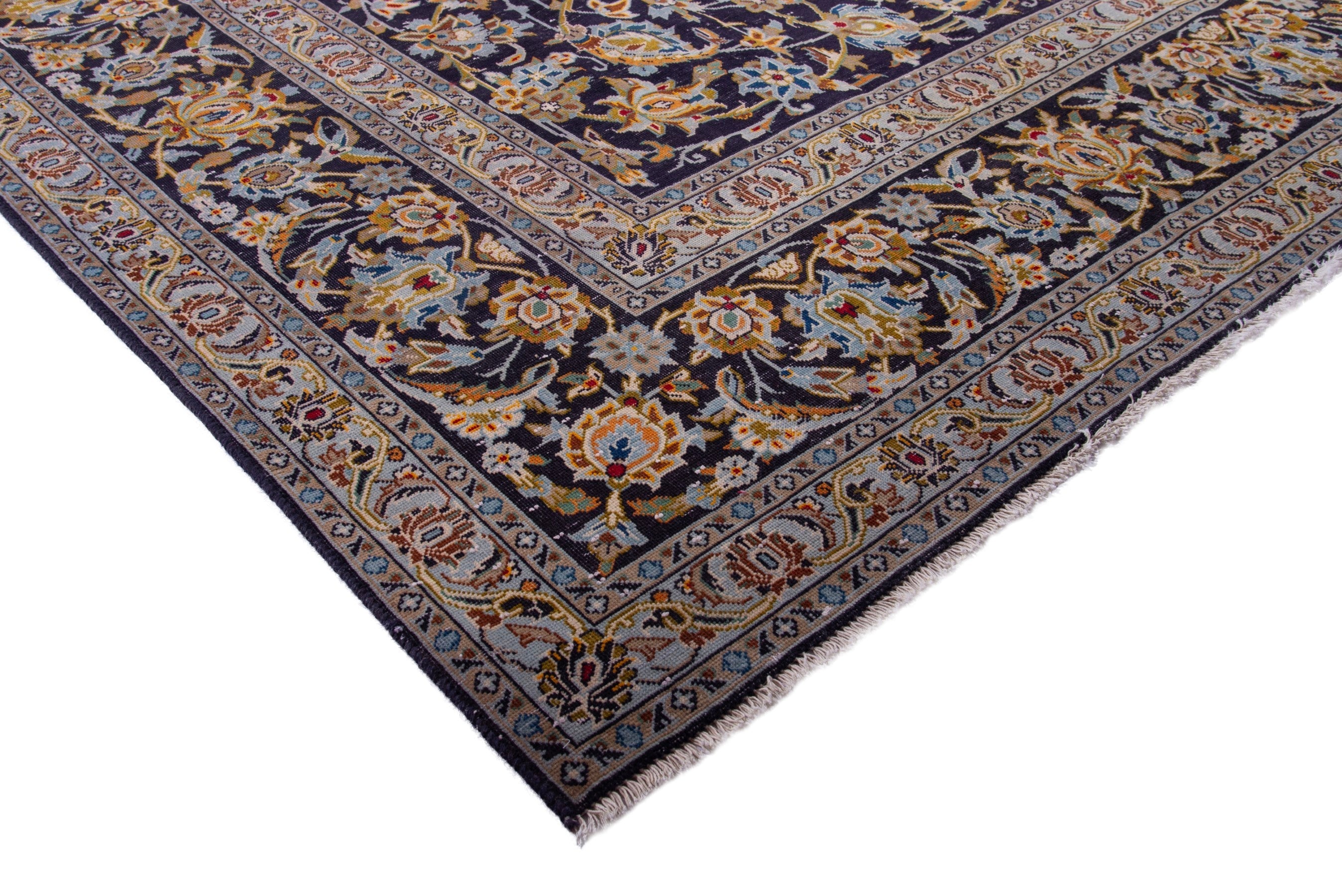 Persian Kashan oversized rug in navy and gold, view 4 of 20