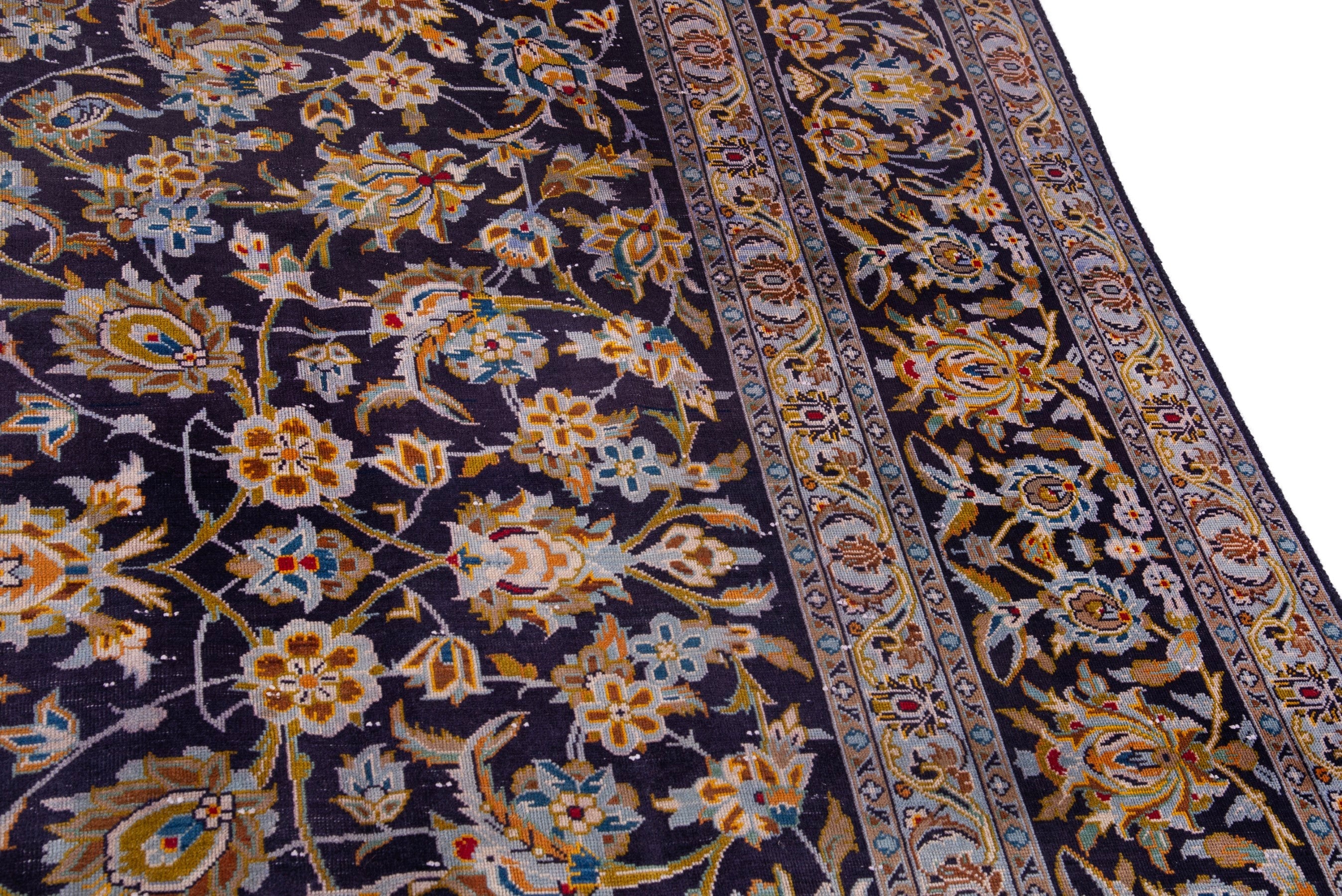 Persian Kashan oversized rug in navy and gold, view 7 of 20