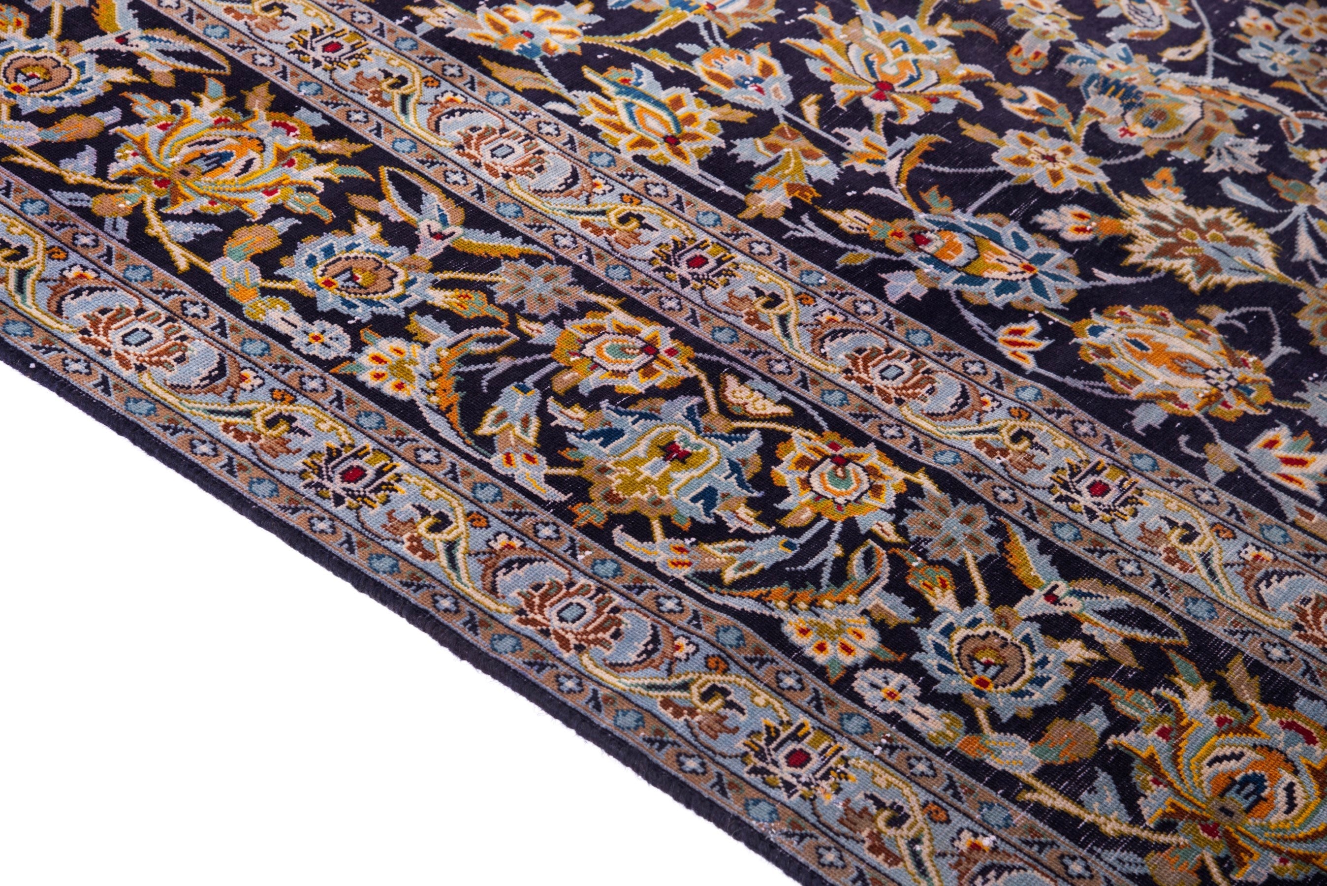Persian Kashan oversized rug in navy and gold, view 8 of 20