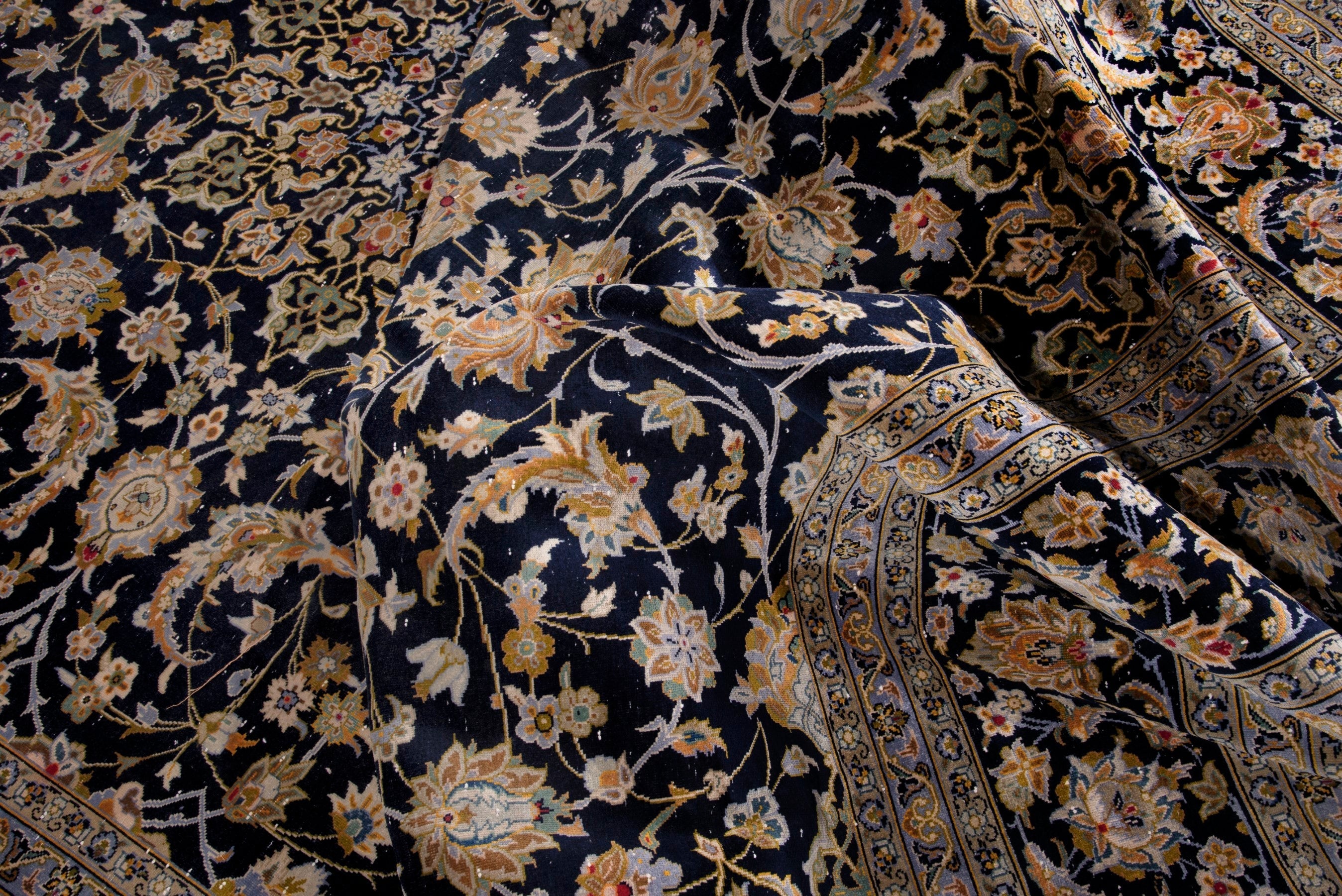 Persian Kashan oversized rug in navy and antique gold, view 15 of 22