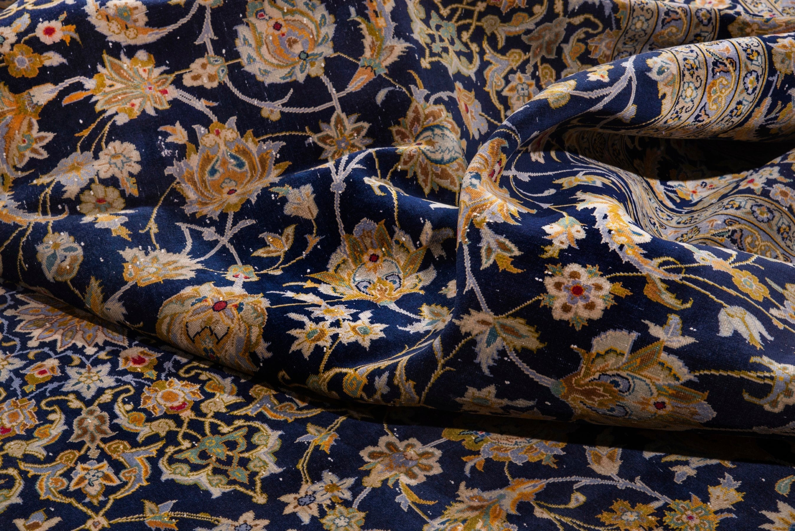 Persian Kashan oversized rug in navy and antique gold, view 16 of 22