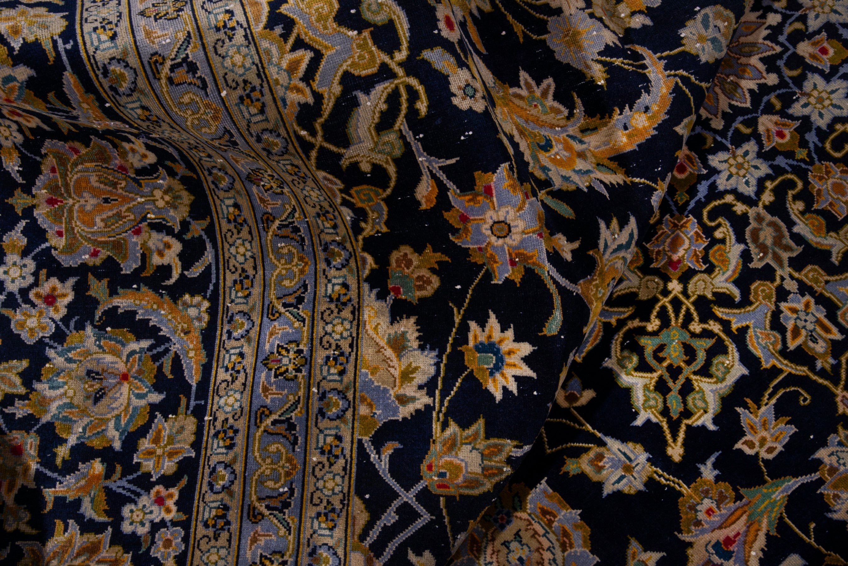 Persian Kashan oversized rug in navy and antique gold, view 17 of 22