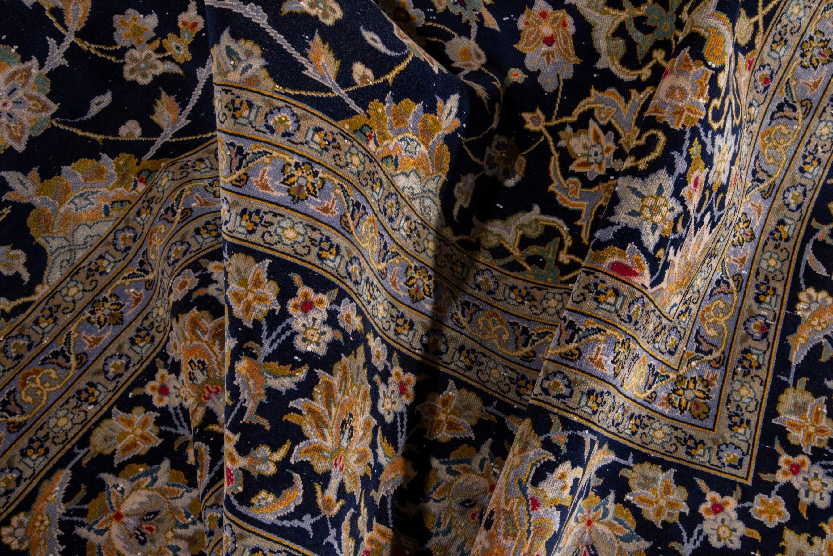 Persian Kashan oversized rug in navy and antique gold, view 18 of 22
