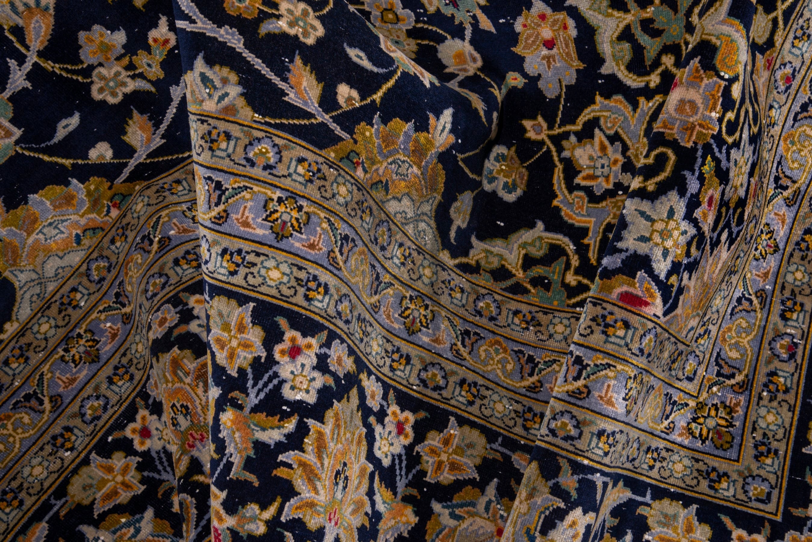 Persian Kashan oversized rug in navy and antique gold, view 19 of 22