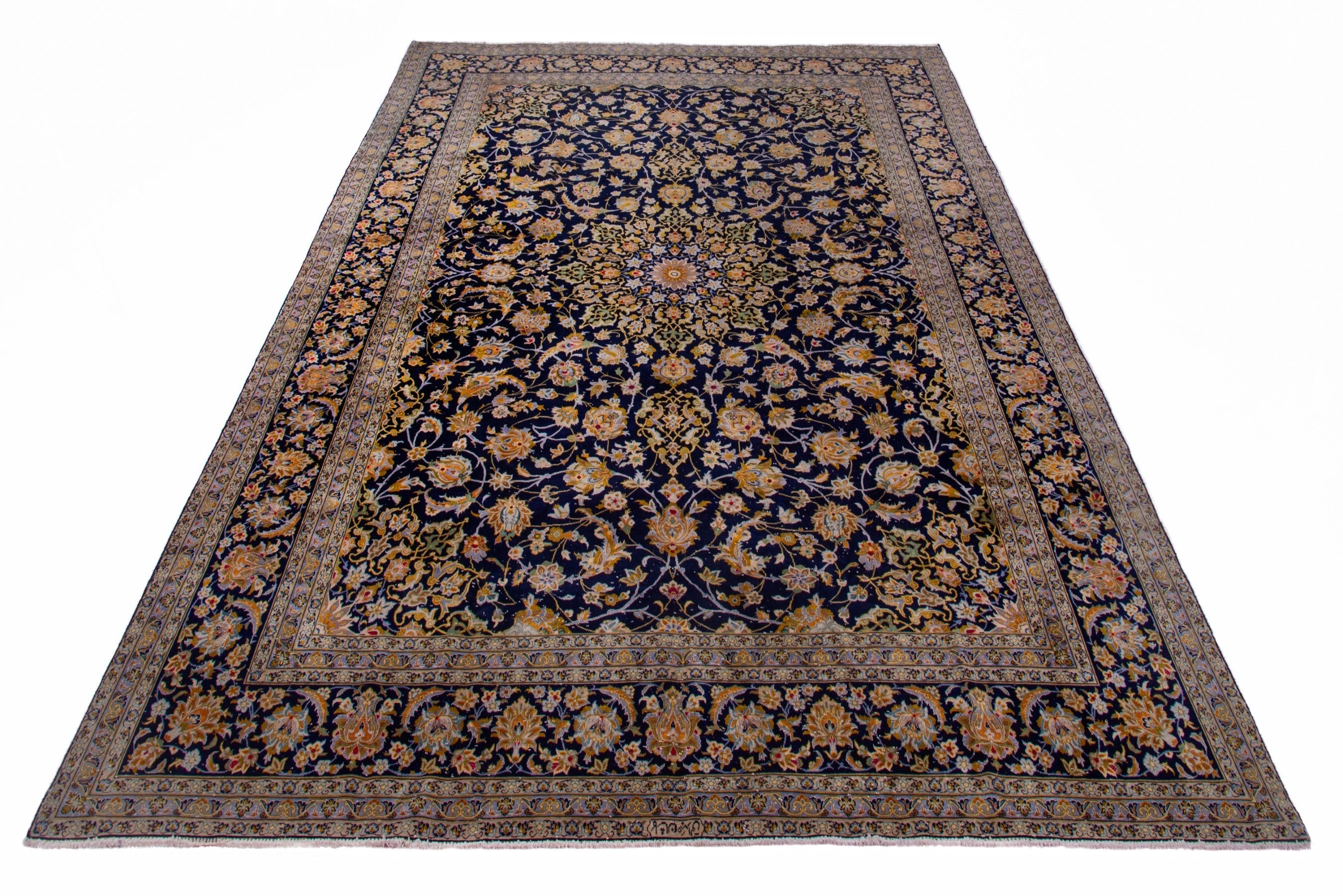 Persian Kashan oversized rug in navy and antique gold, view 2 of 22