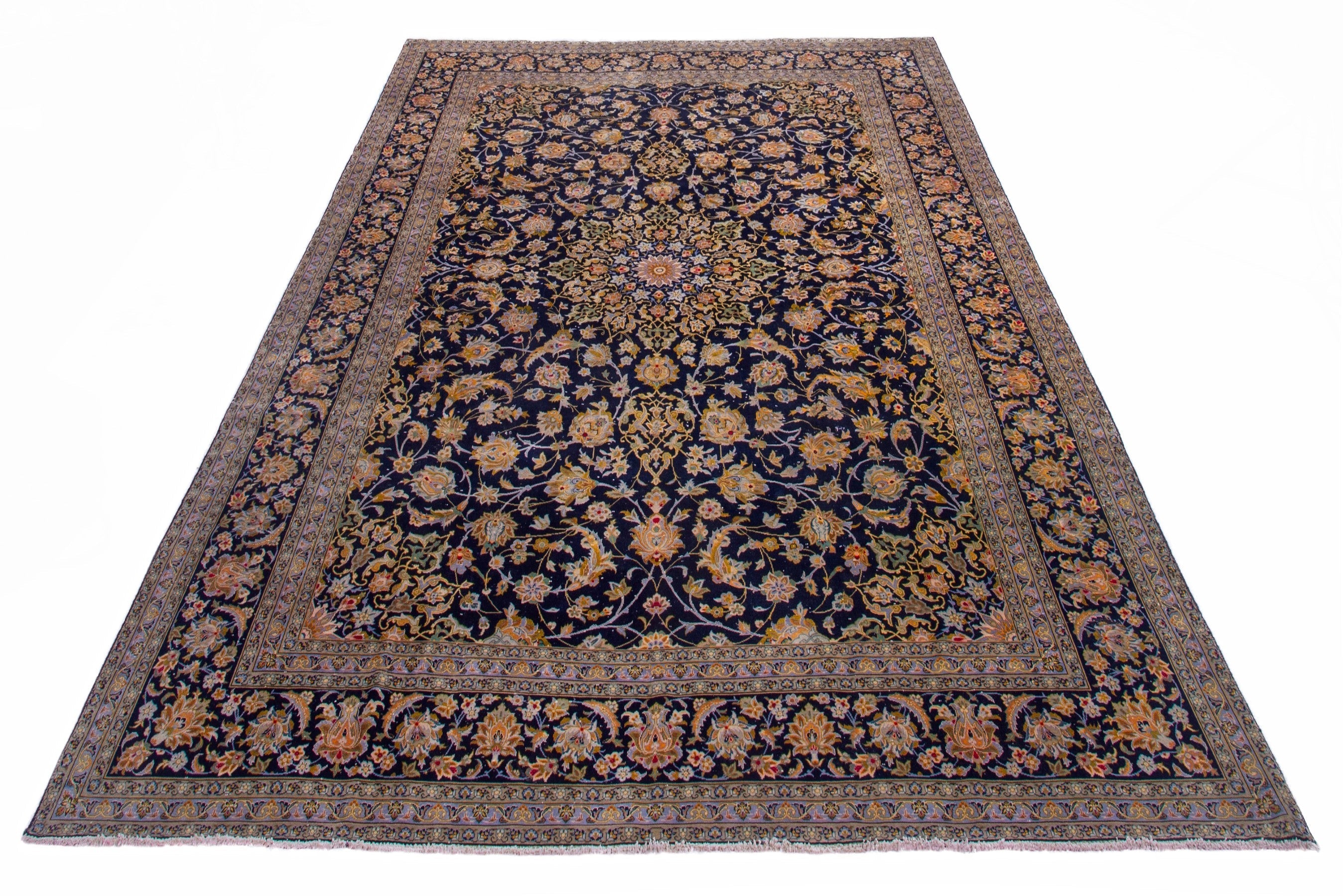 Persian Kashan oversized rug in navy and antique gold, view 3 of 22