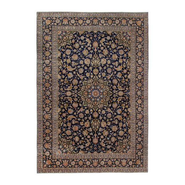 Persian Kashan oversized rug in navy and antique gold, 9' x 12'4"