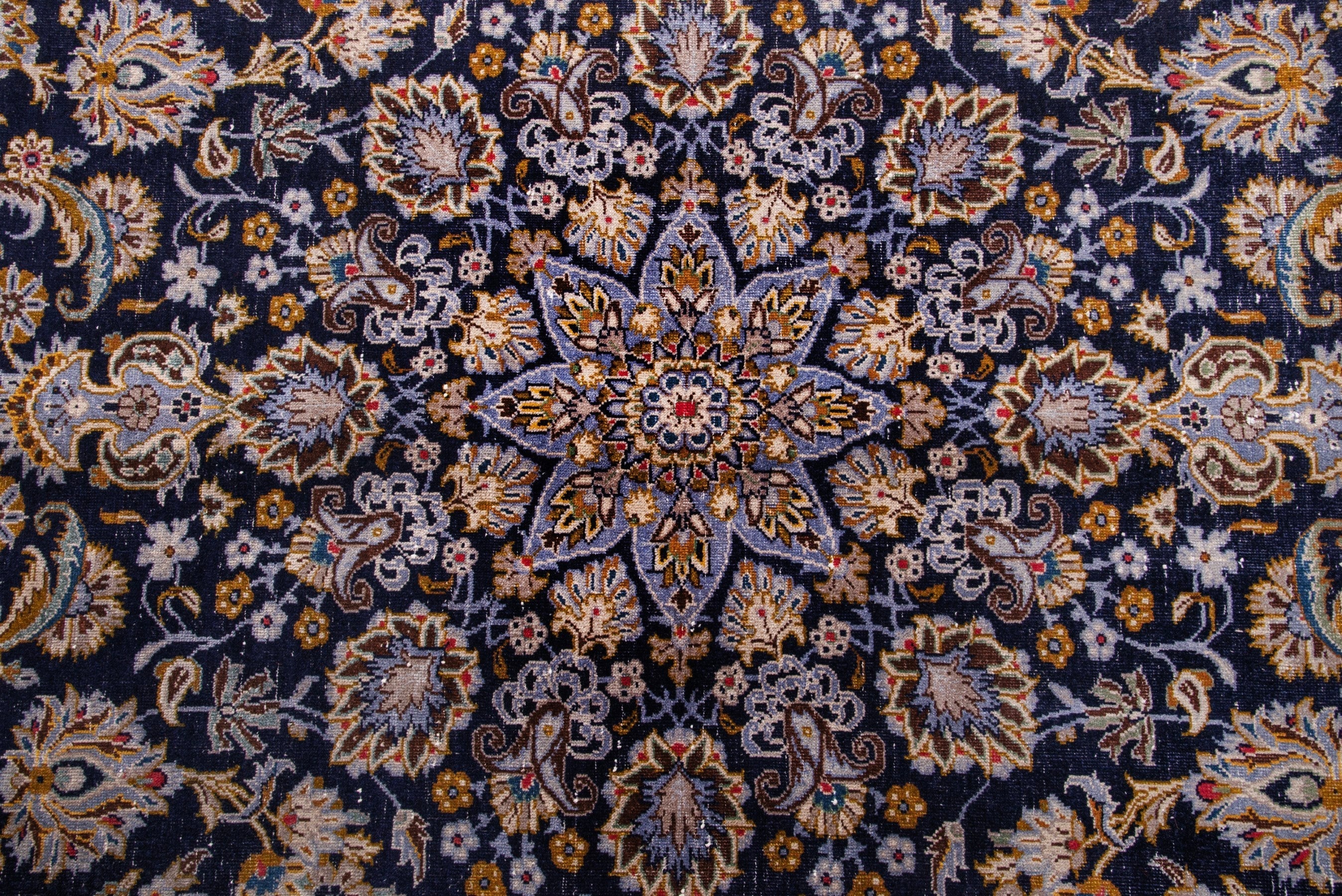 Persian Kashan oversized rug in navy and gold, view 13 of 21