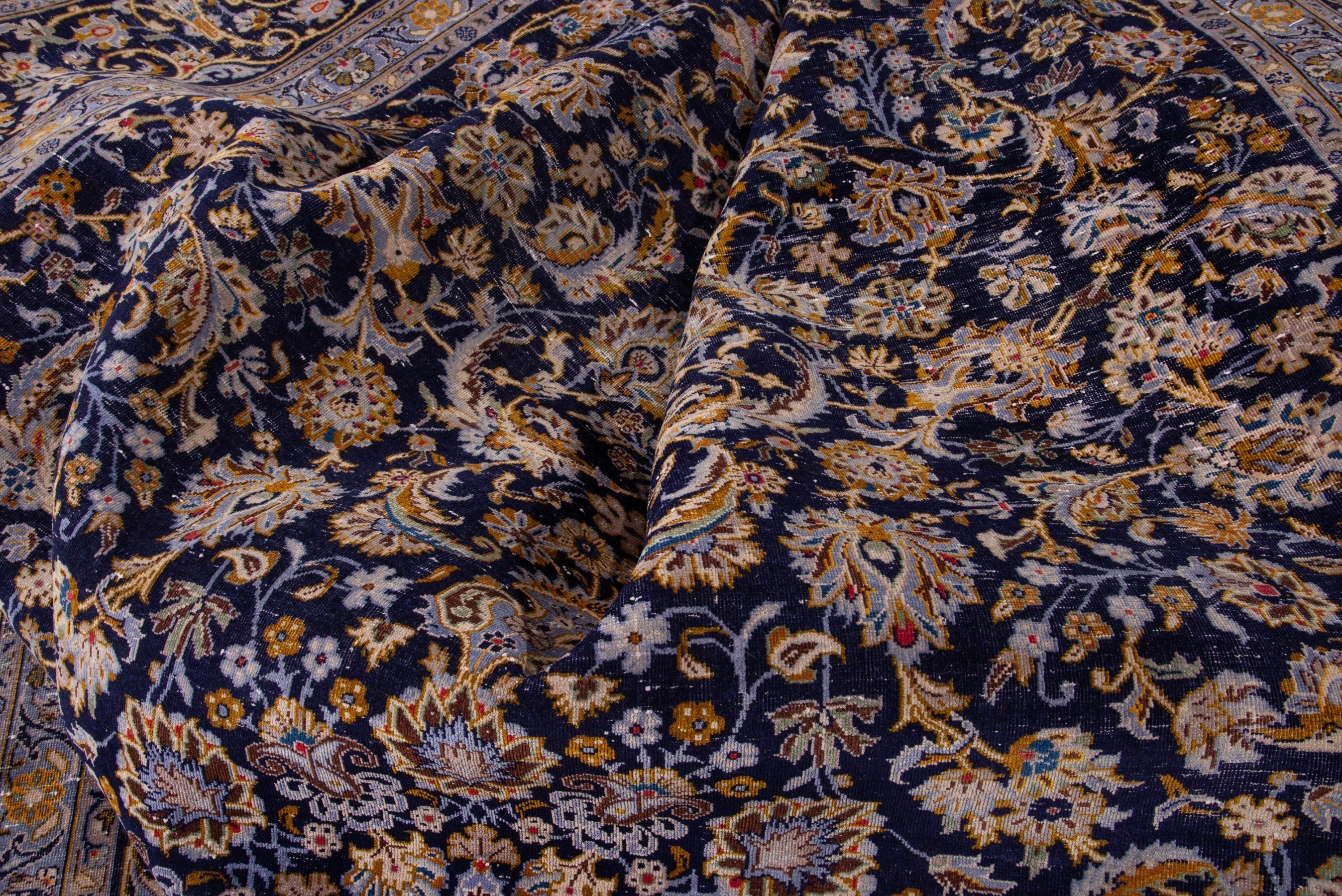 Persian Kashan oversized rug in navy and gold, view 19 of 21