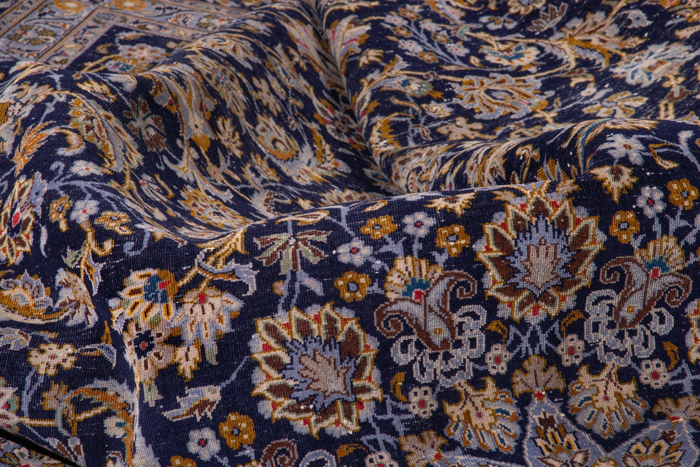 Persian Kashan oversized rug in navy and gold, view 20 of 21