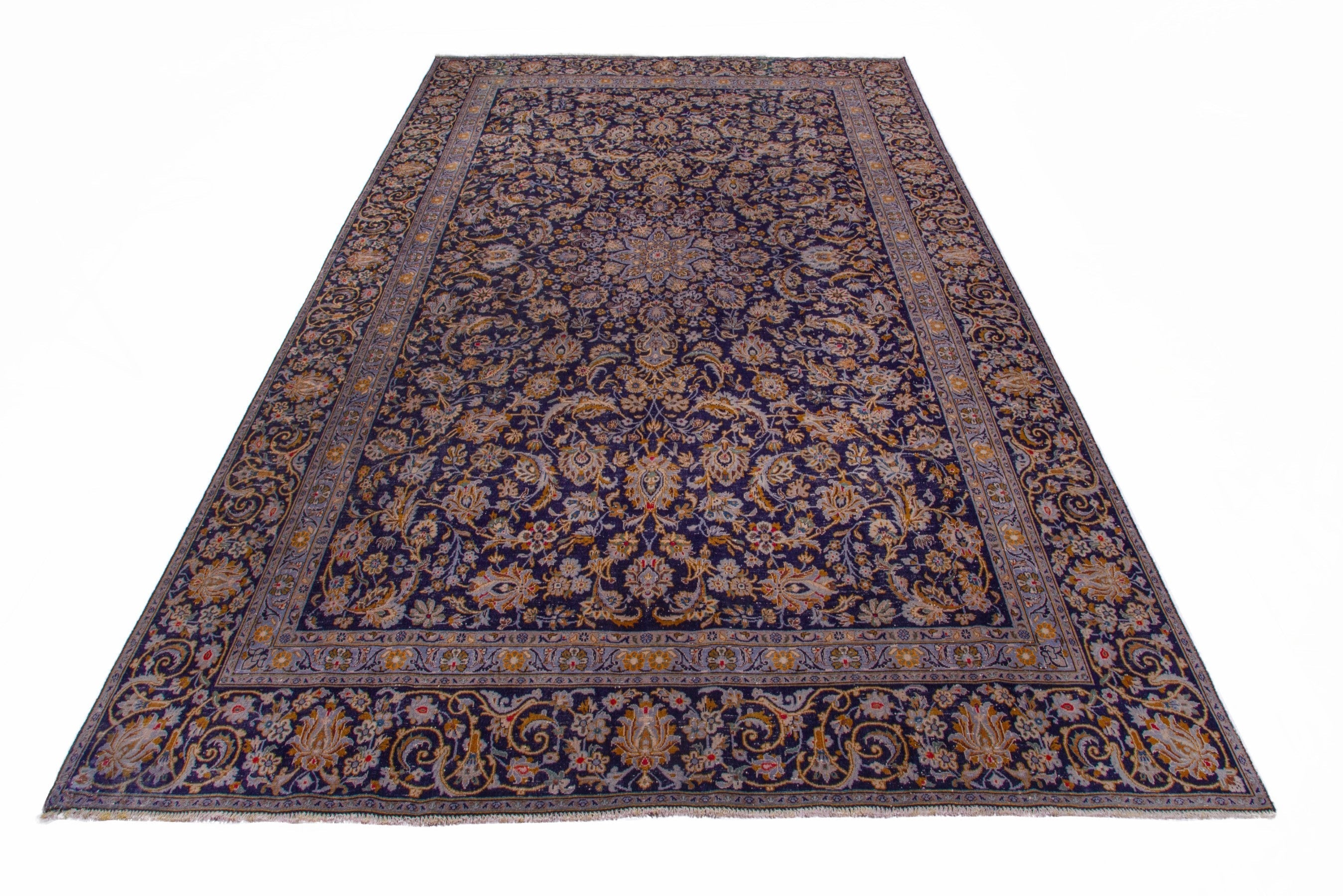 Persian Kashan oversized rug in navy and gold, view 2 of 21