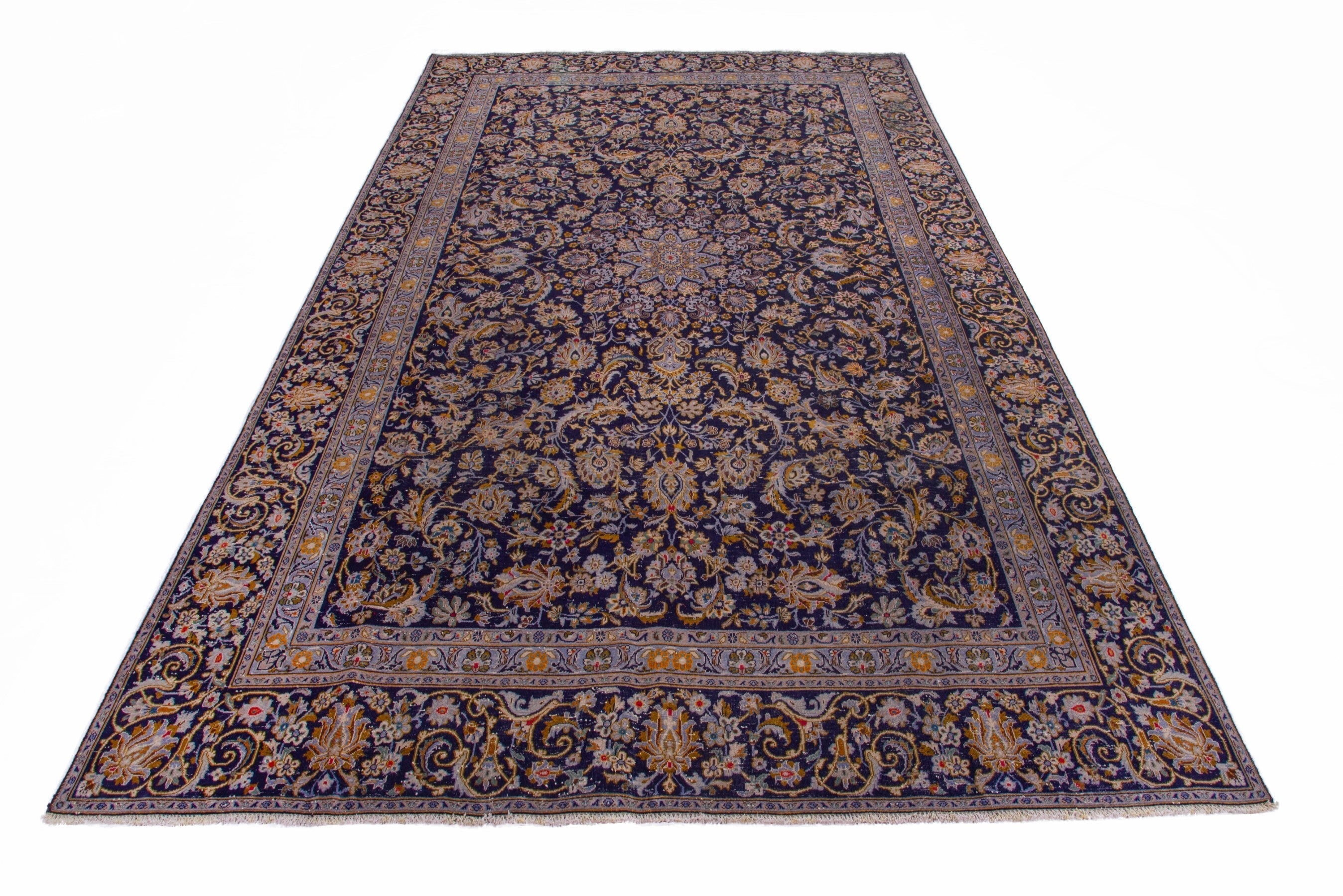 Persian Kashan oversized rug in navy and gold, view 3 of 21