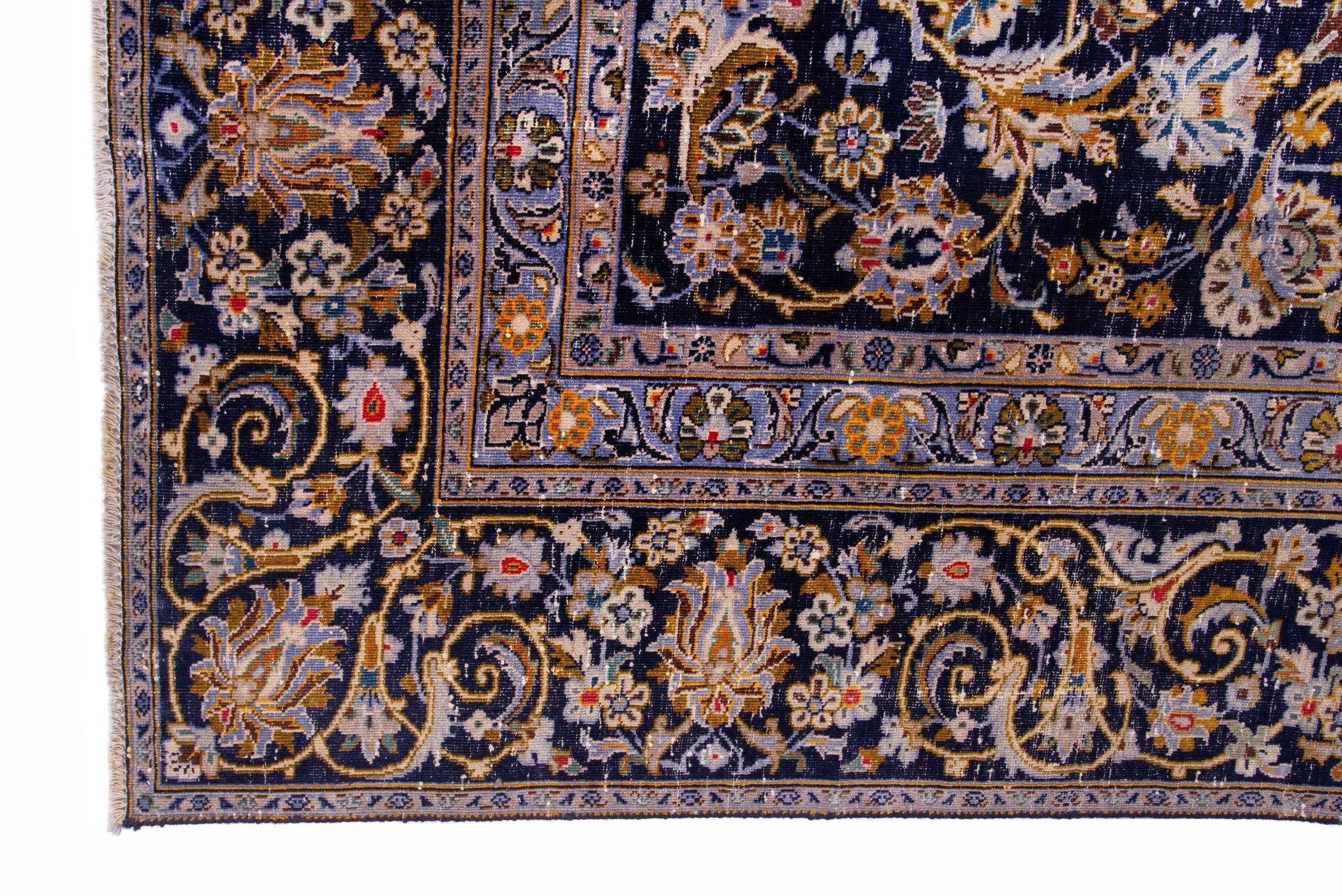 Persian Kashan oversized rug in navy and gold, view 5 of 21