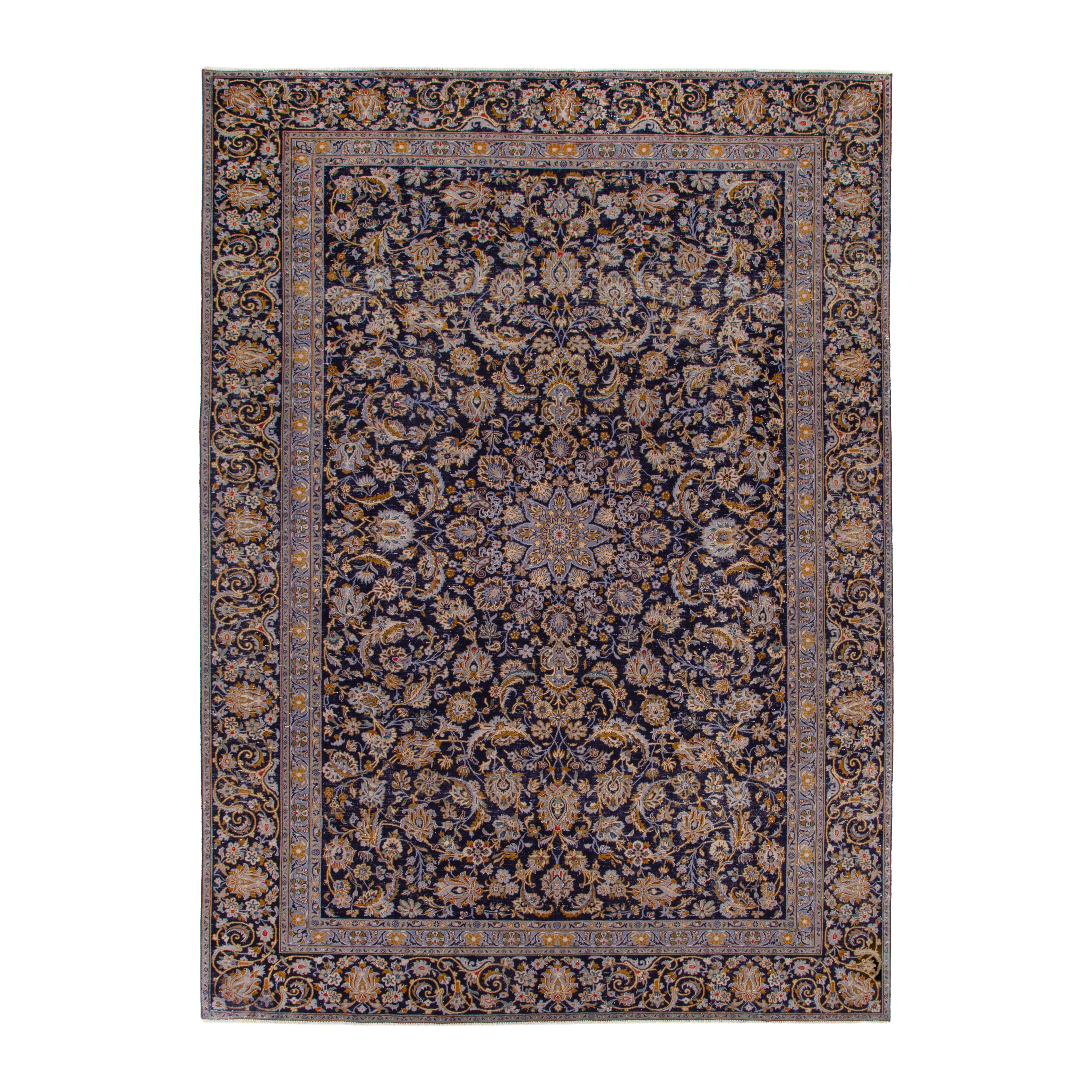 Persian Kashan oversized rug in navy and gold, 8'10" x 12'6"