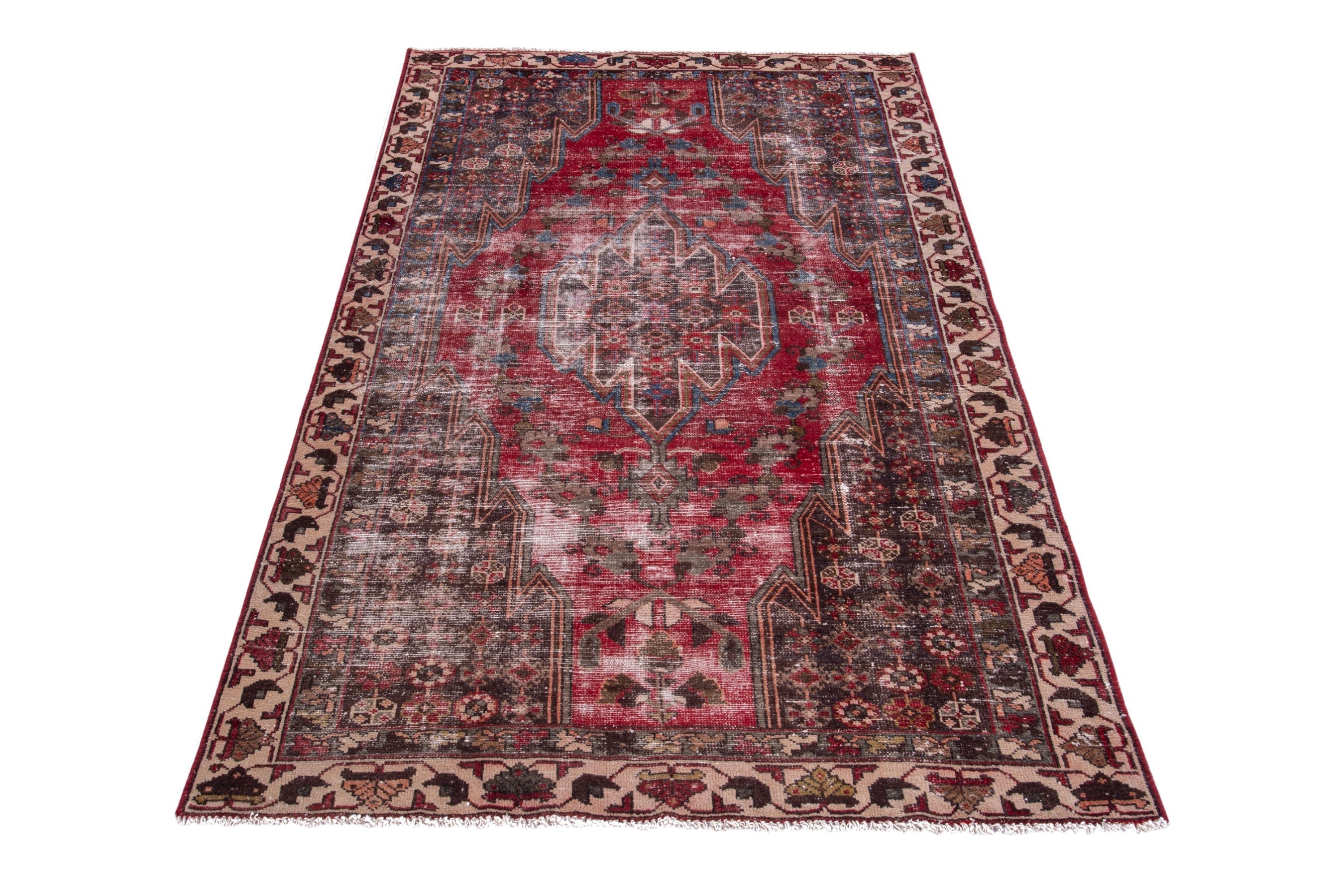 Persian Saveh accent rug in deep red and muted pink, view 2 of 17