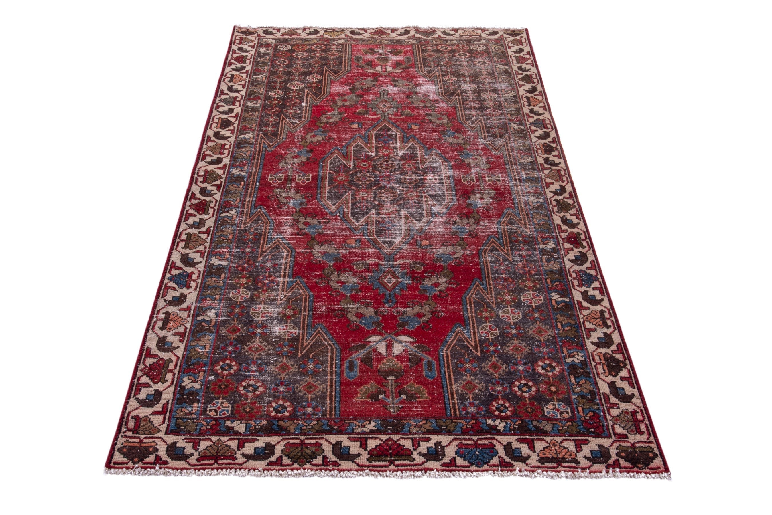 Persian Saveh accent rug in deep red and muted pink, view 3 of 17