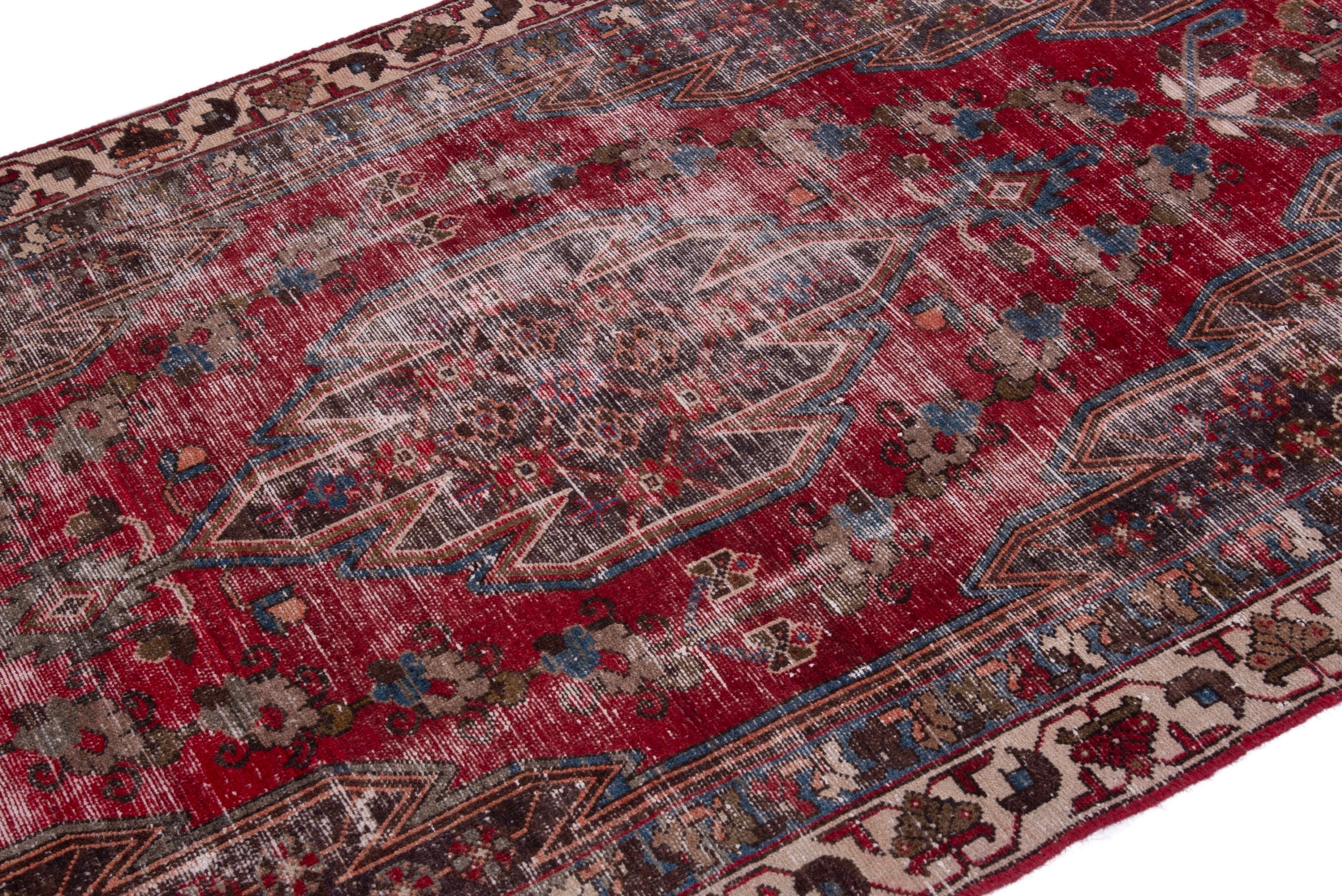 Persian Saveh accent rug in deep red and muted pink, view 6 of 17