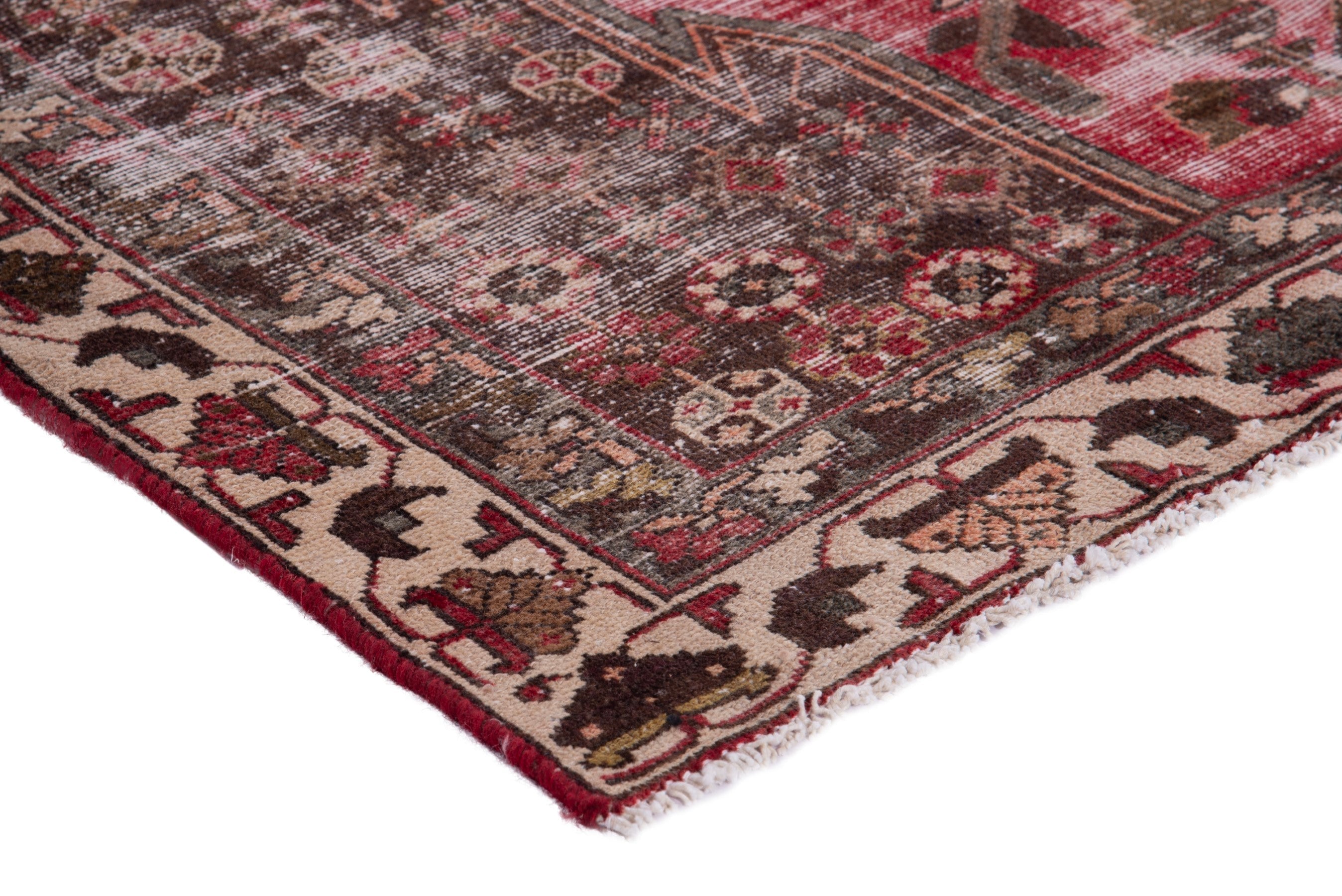 Persian Saveh accent rug in deep red and muted pink, view 4 of 17