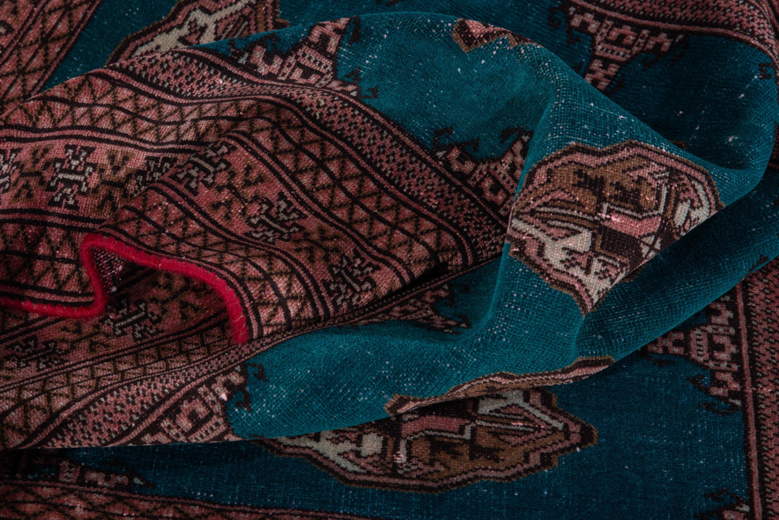 Persian Torkaman accent rug in teal and rust, view 13 of 16