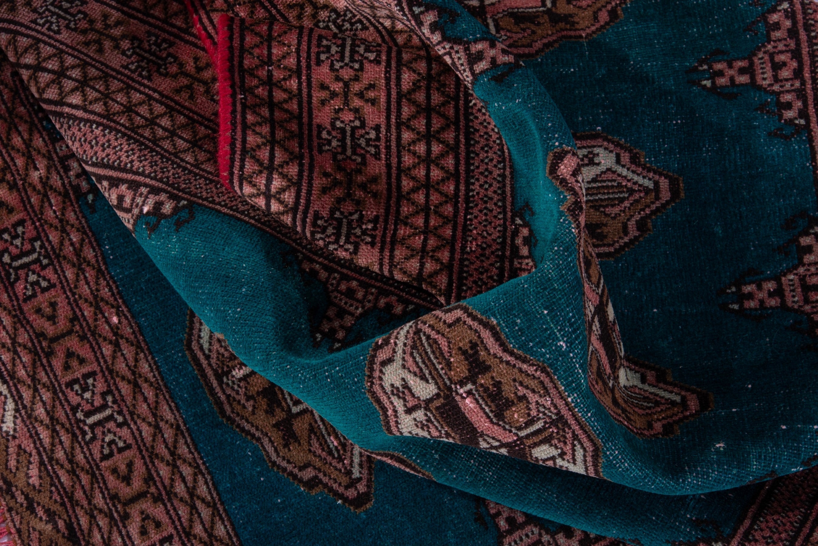 Persian Torkaman accent rug in teal and rust, view 14 of 16
