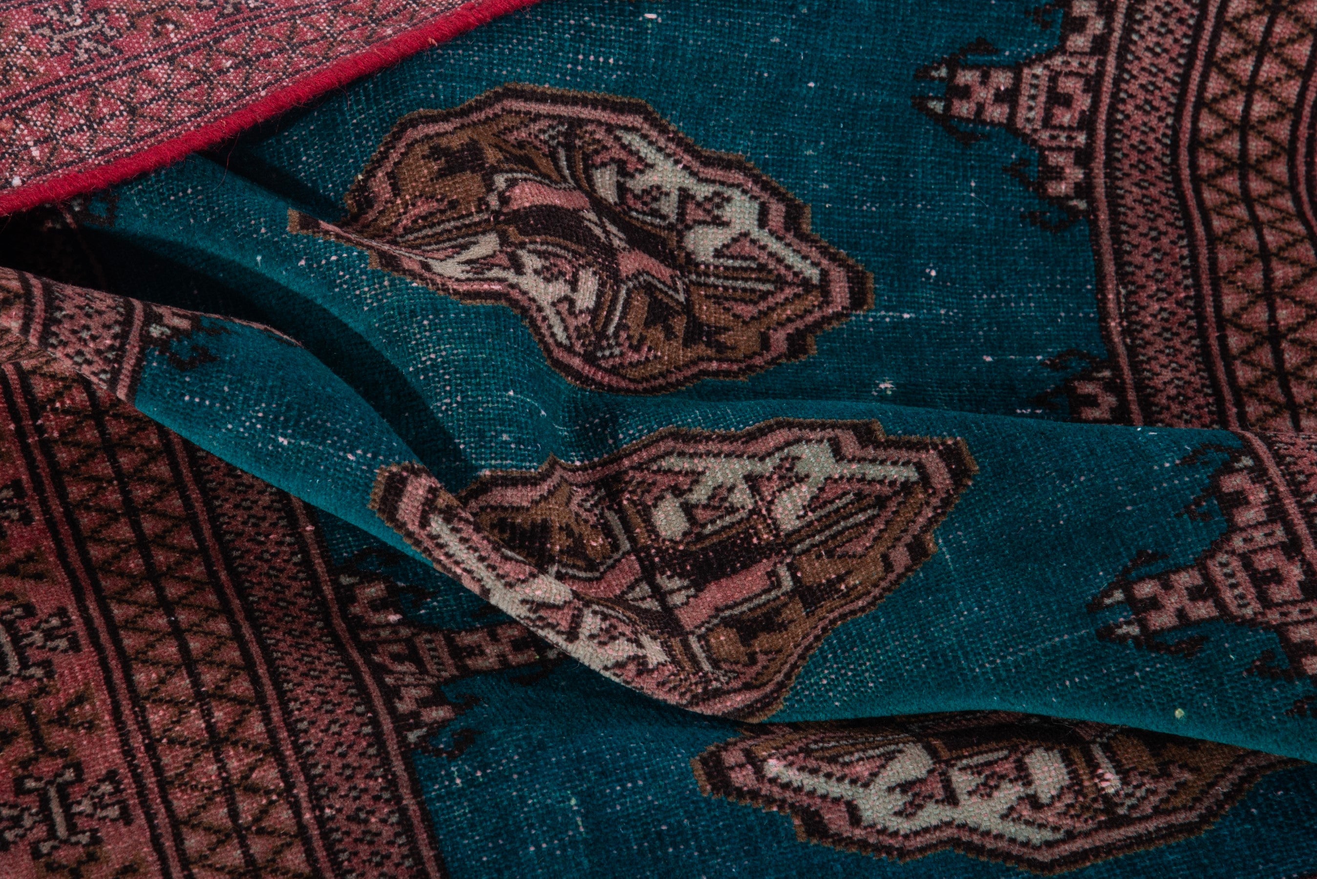 Persian Torkaman accent rug in teal and rust, view 15 of 16