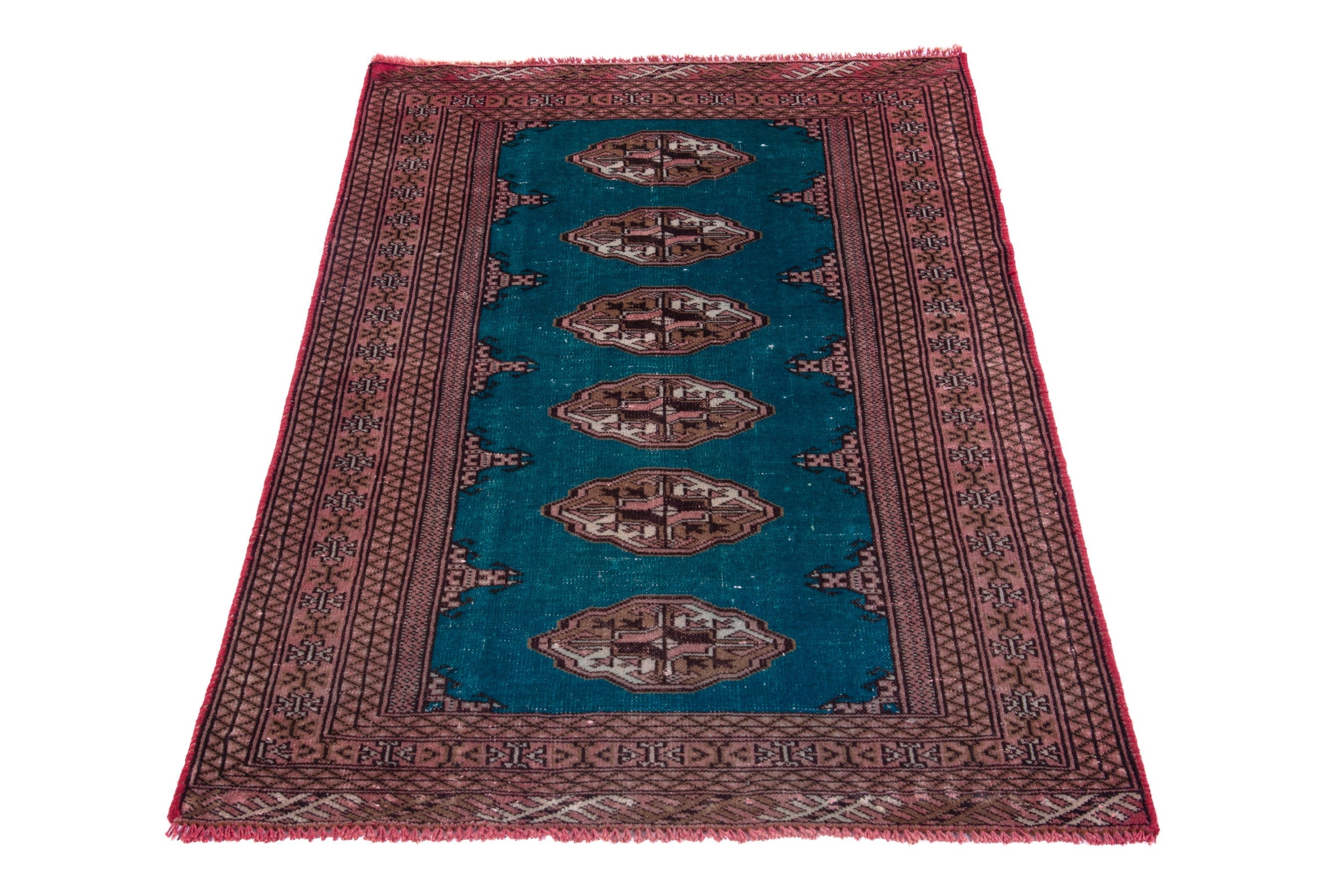 Persian Torkaman accent rug in teal and rust, view 2 of 16