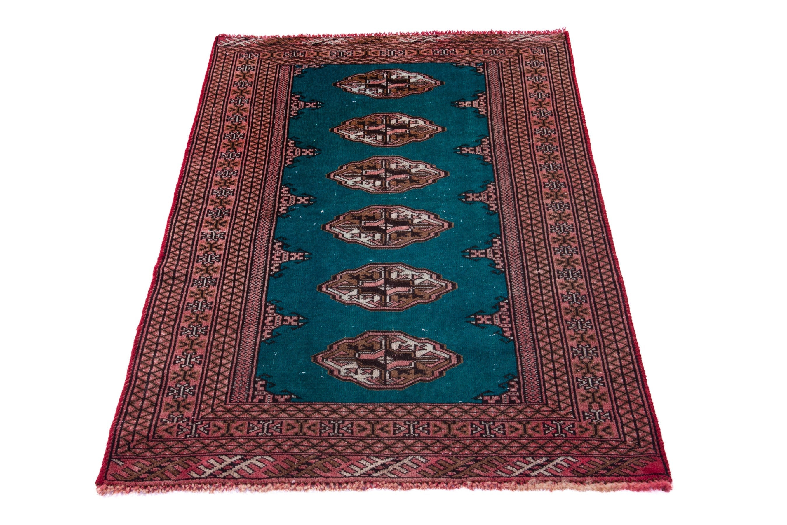 Persian Torkaman accent rug in teal and rust, view 3 of 16