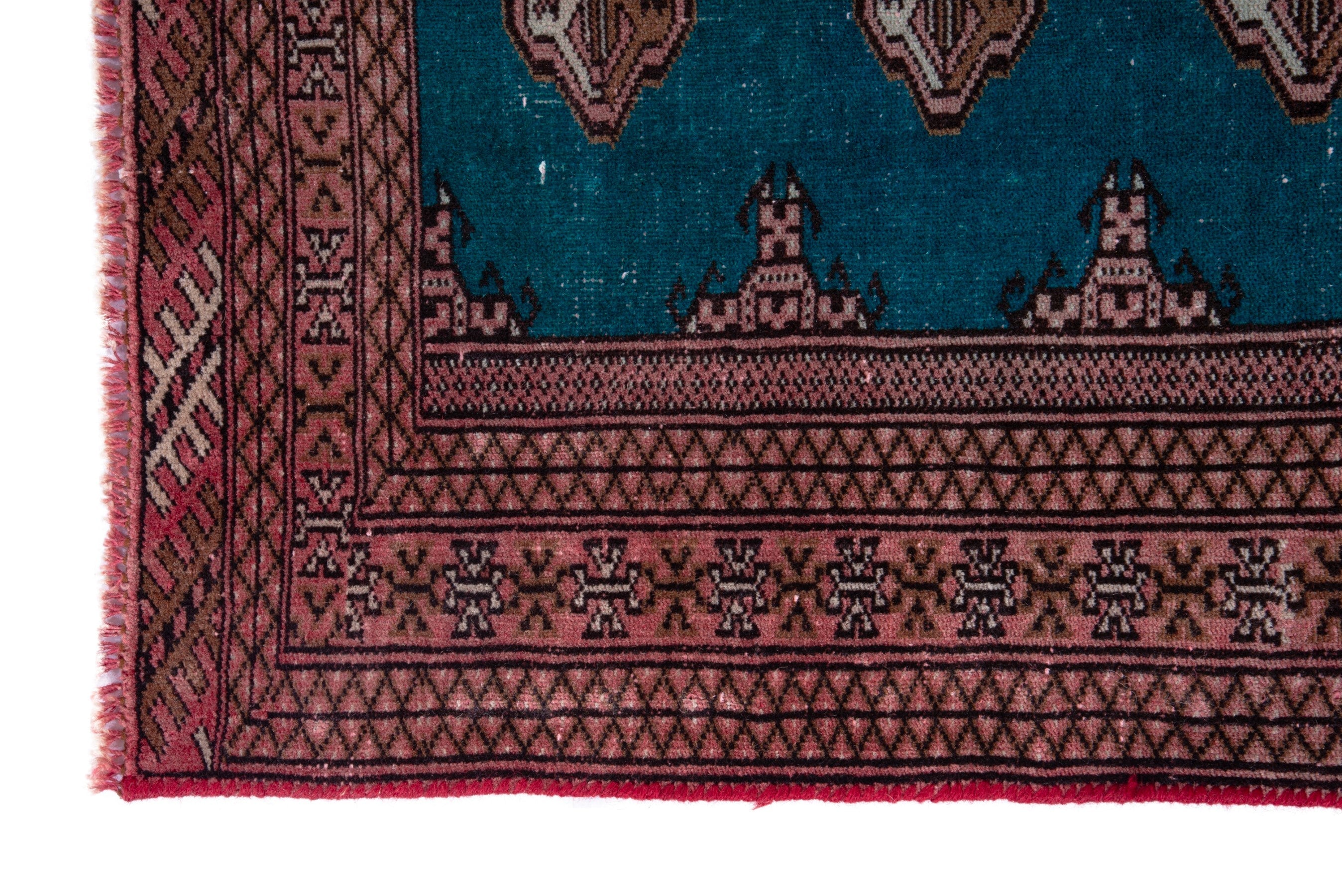 Persian Torkaman accent rug in teal and rust, view 5 of 16