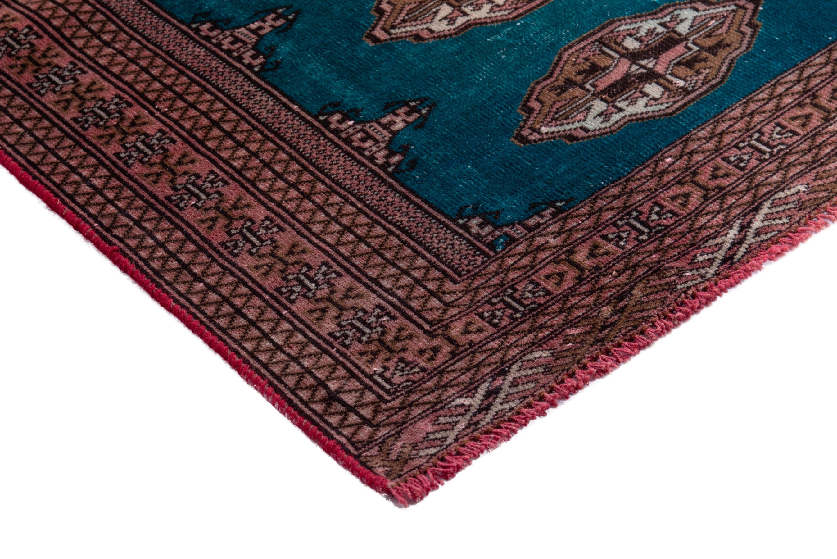 Persian Torkaman accent rug in teal and rust, view 6 of 16