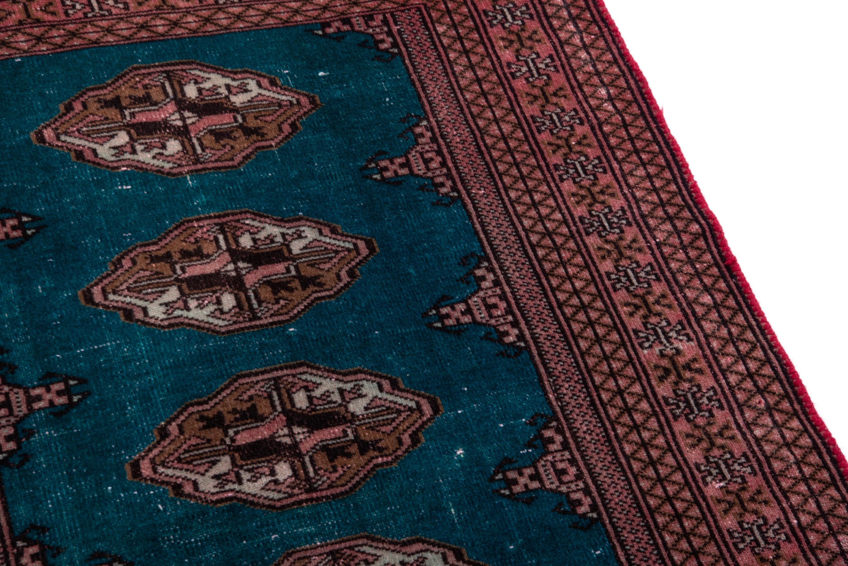 Persian Torkaman accent rug in teal and rust, view 7 of 16